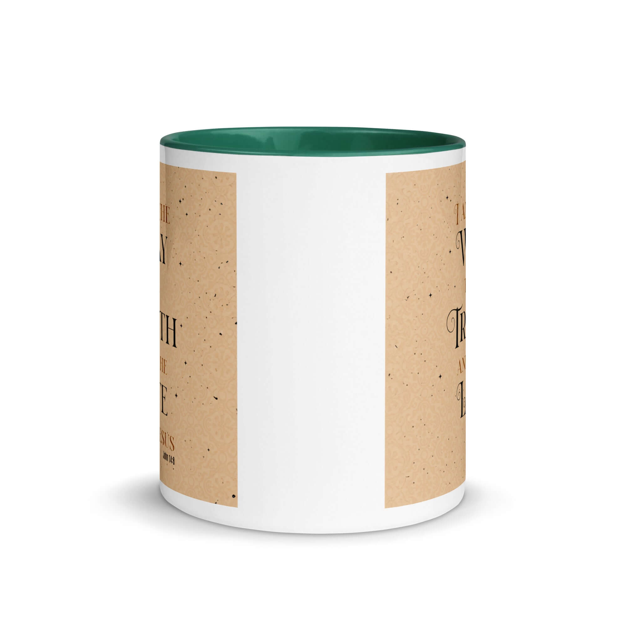 John 14:6 Bible Verse, Color Text Brown Background White Ceramic Mug with Color Inside