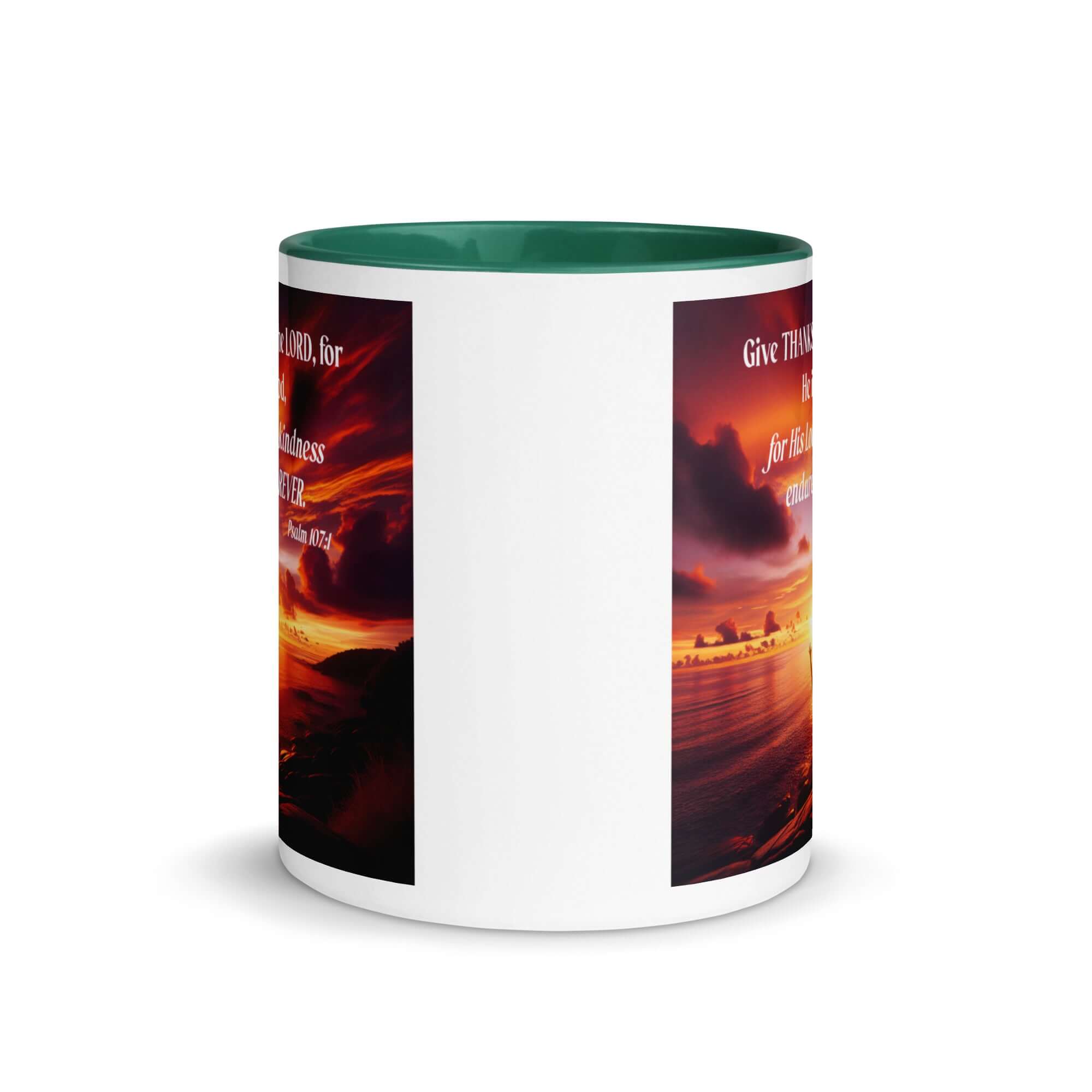 Psalm 107:1 Bible Verse, Give Thanks to the Lord White Ceramic Mug with Color Inside