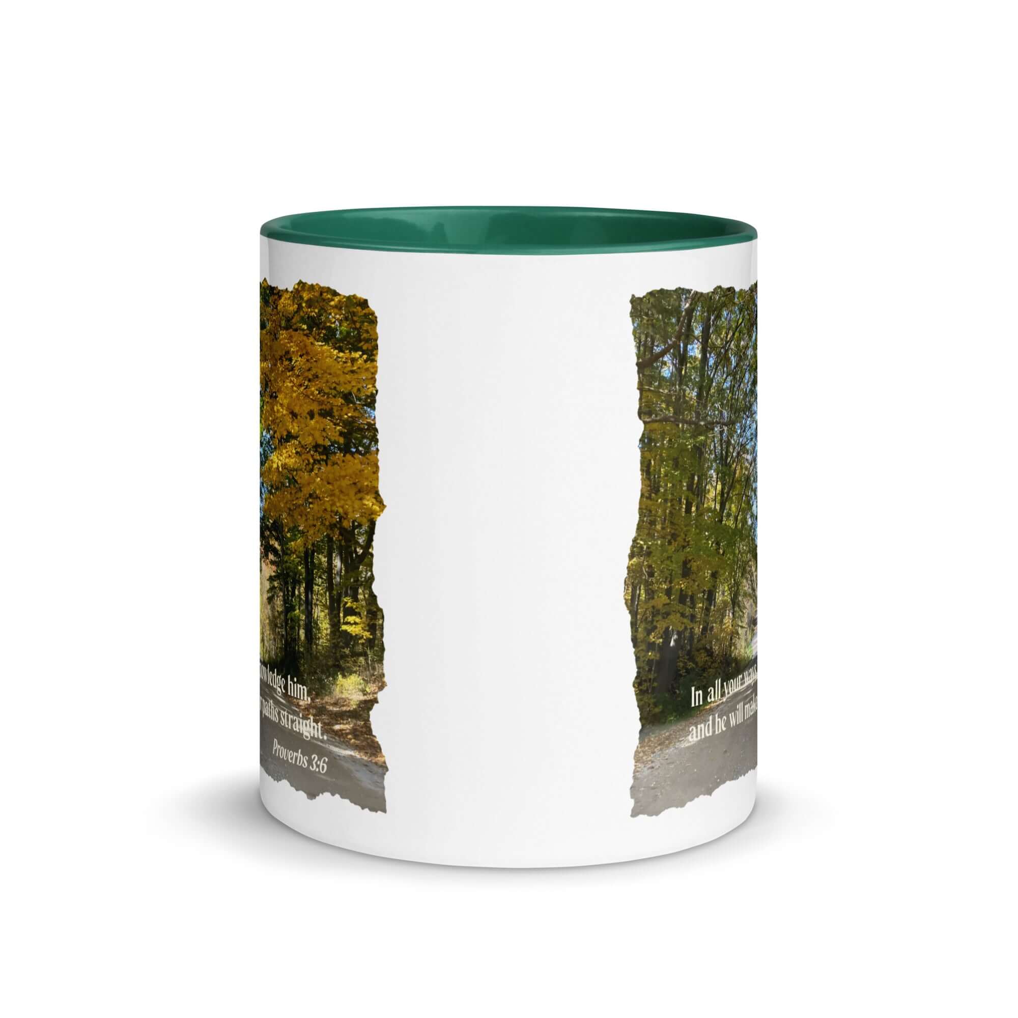 Proverbs 3:6 Bible Verse, Fall Road White Ceramic Mug with Color Inside
