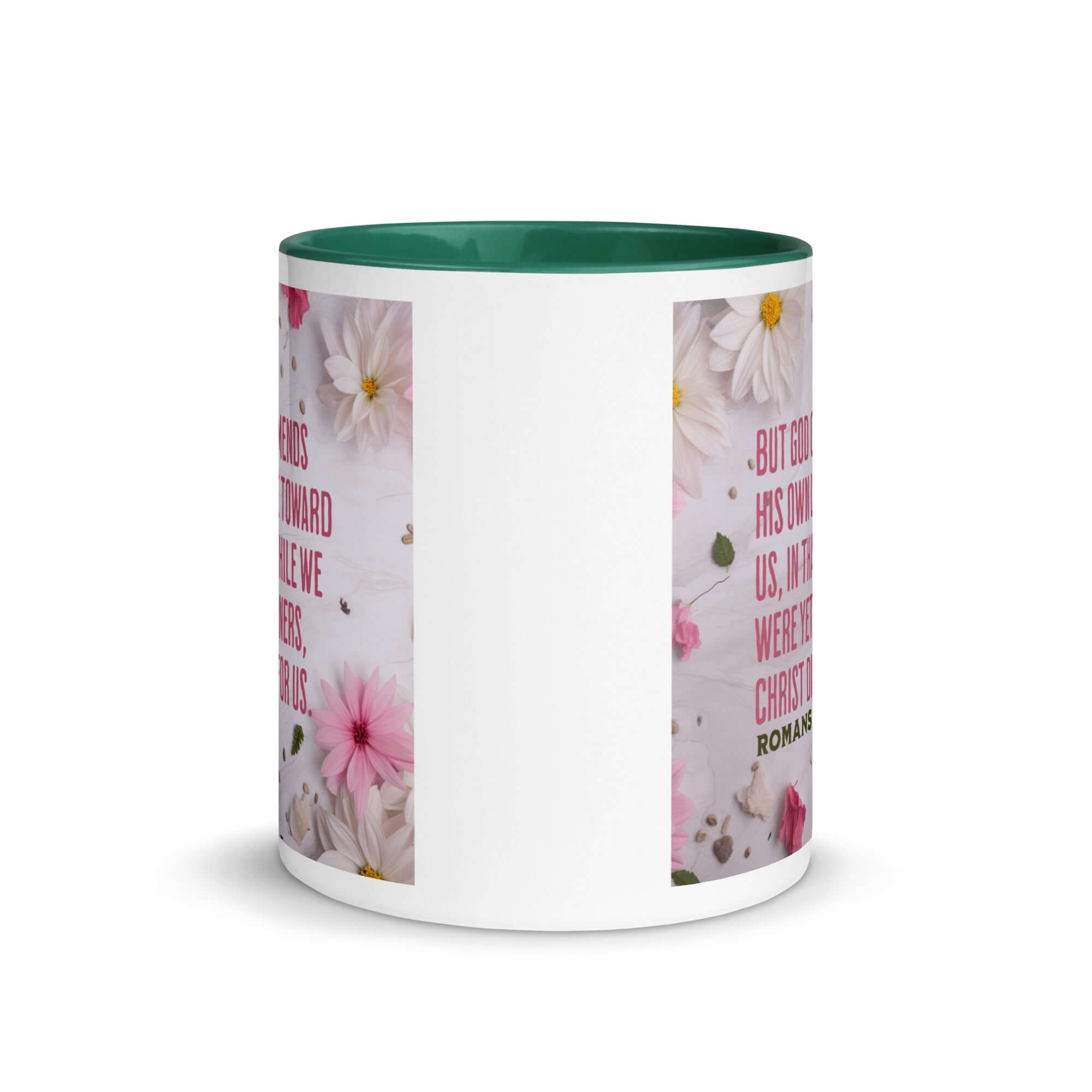 Romans 5:8 Bible Verse, Christ Died for Us White Ceramic Mug with Color Inside