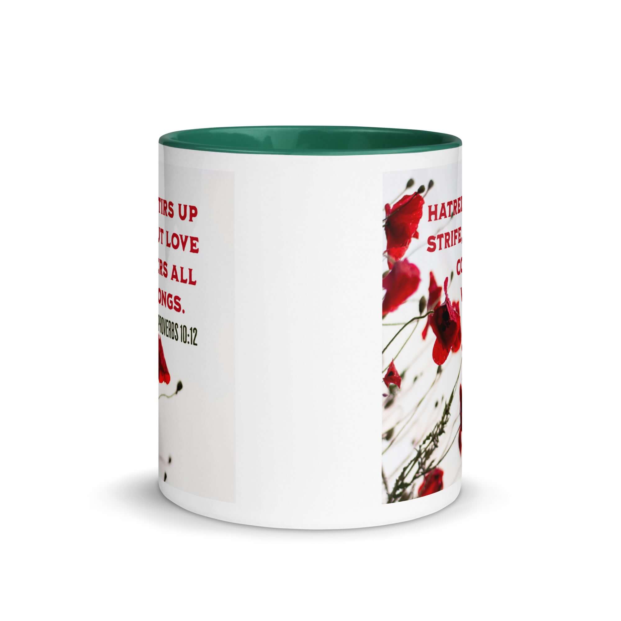 Proverbs 10:12 Bible Verse, Love Covers All White Ceramic Mug with Color Inside