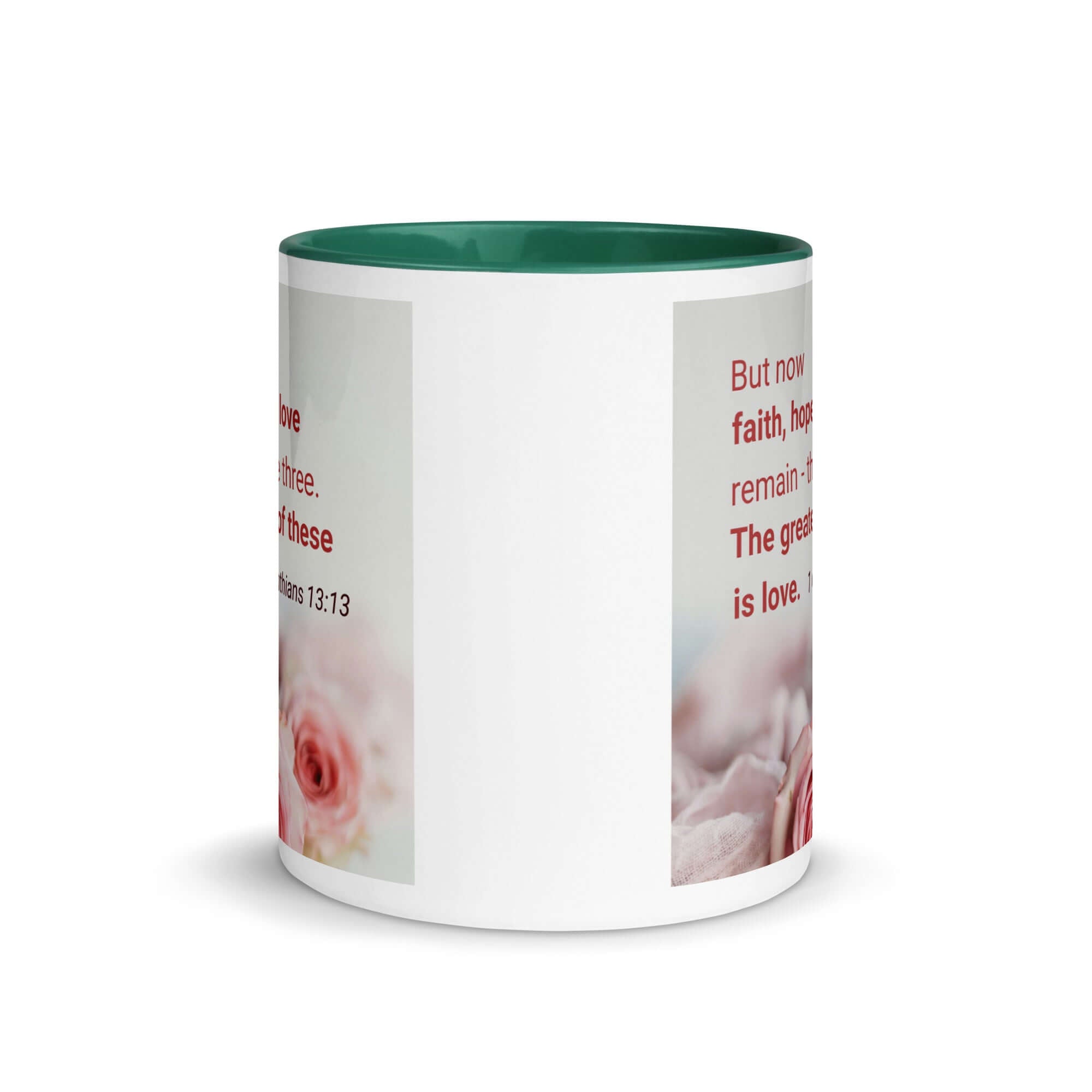 1 Corinthians 13:13 Bible Verse, The Greatest is Love White Ceramic Mug with Color Inside