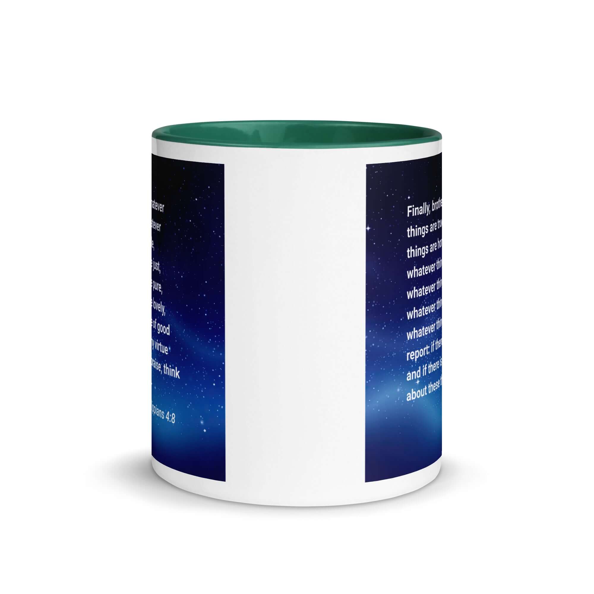 Philippians 4:8 Bible Verse, Think these things White Ceramic Mug with Color Inside