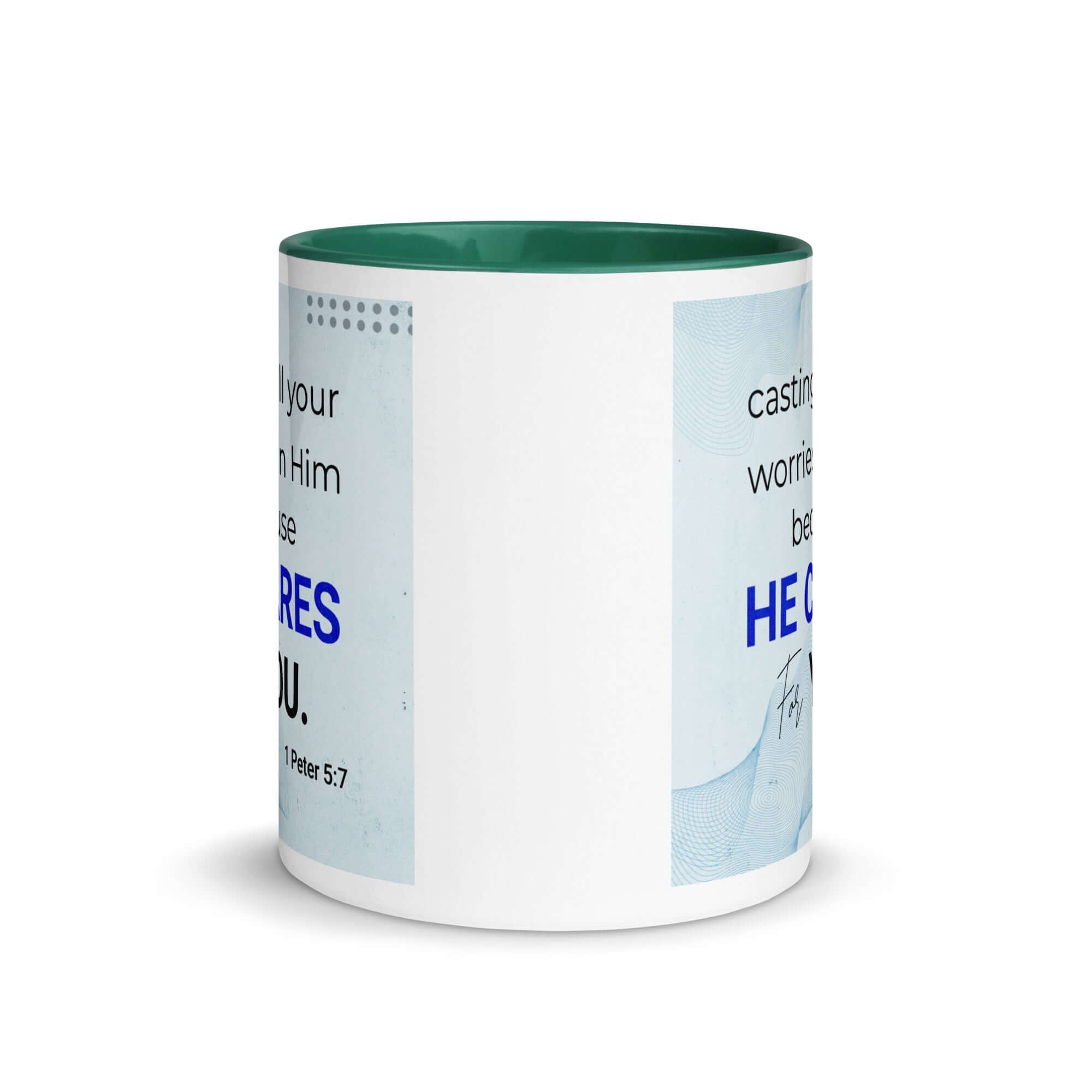 1 Peter 5:7 Bible Verse, casting all your worries on Him White Ceramic Mug with Color Inside