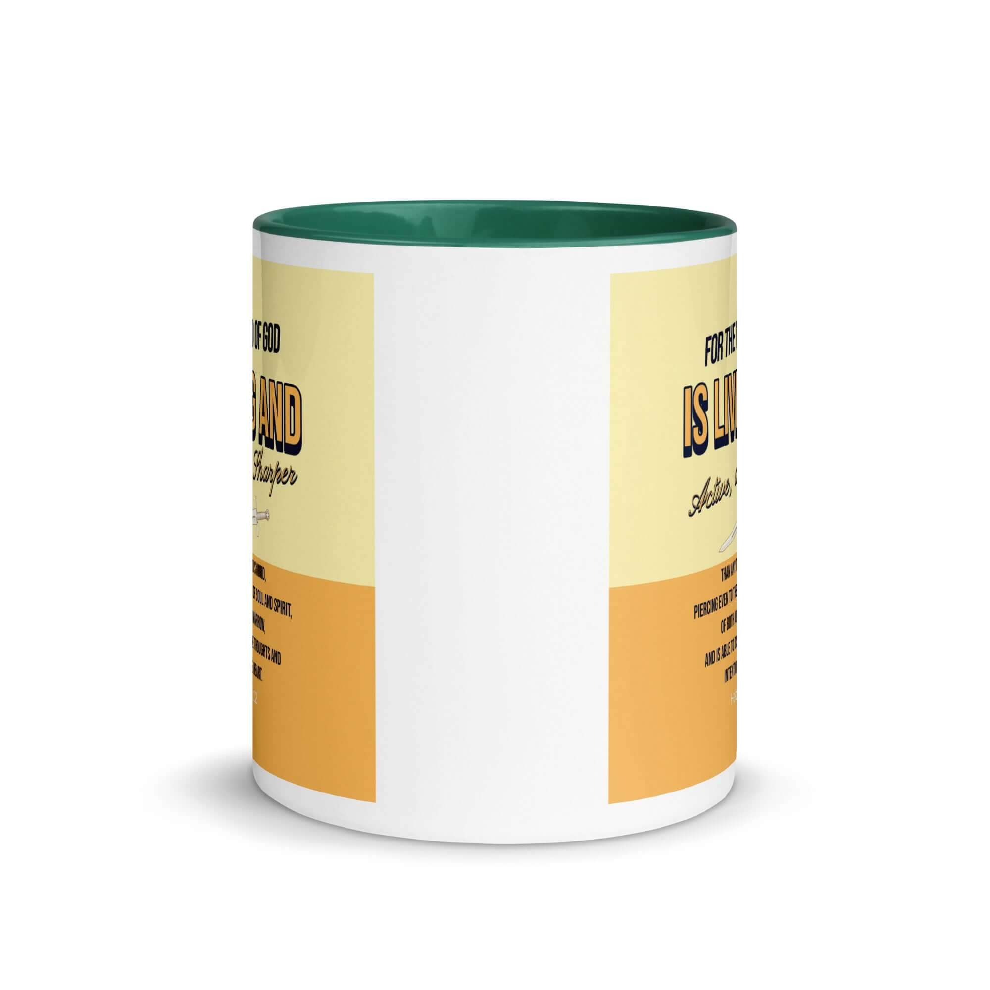 Hebrews 4:12 Bible Verse, living and active White Ceramic Mug with Color Inside
