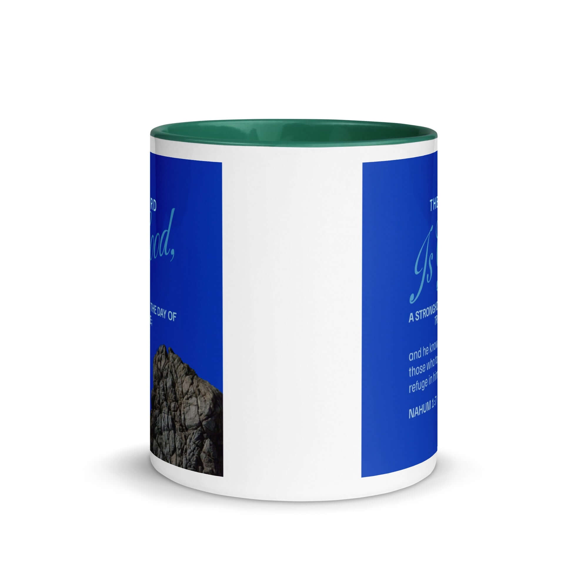 Nahum 1:7 Bible Verse, The LORD is a stronghold White Ceramic Mug with Color Inside