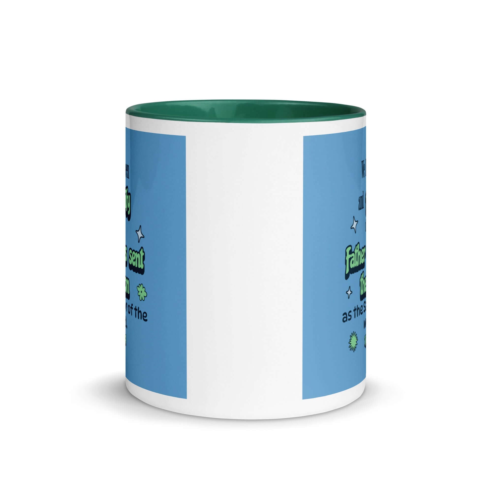 1 John 4:14 Bible Verse, sent the Son White Ceramic Mug with Color Inside