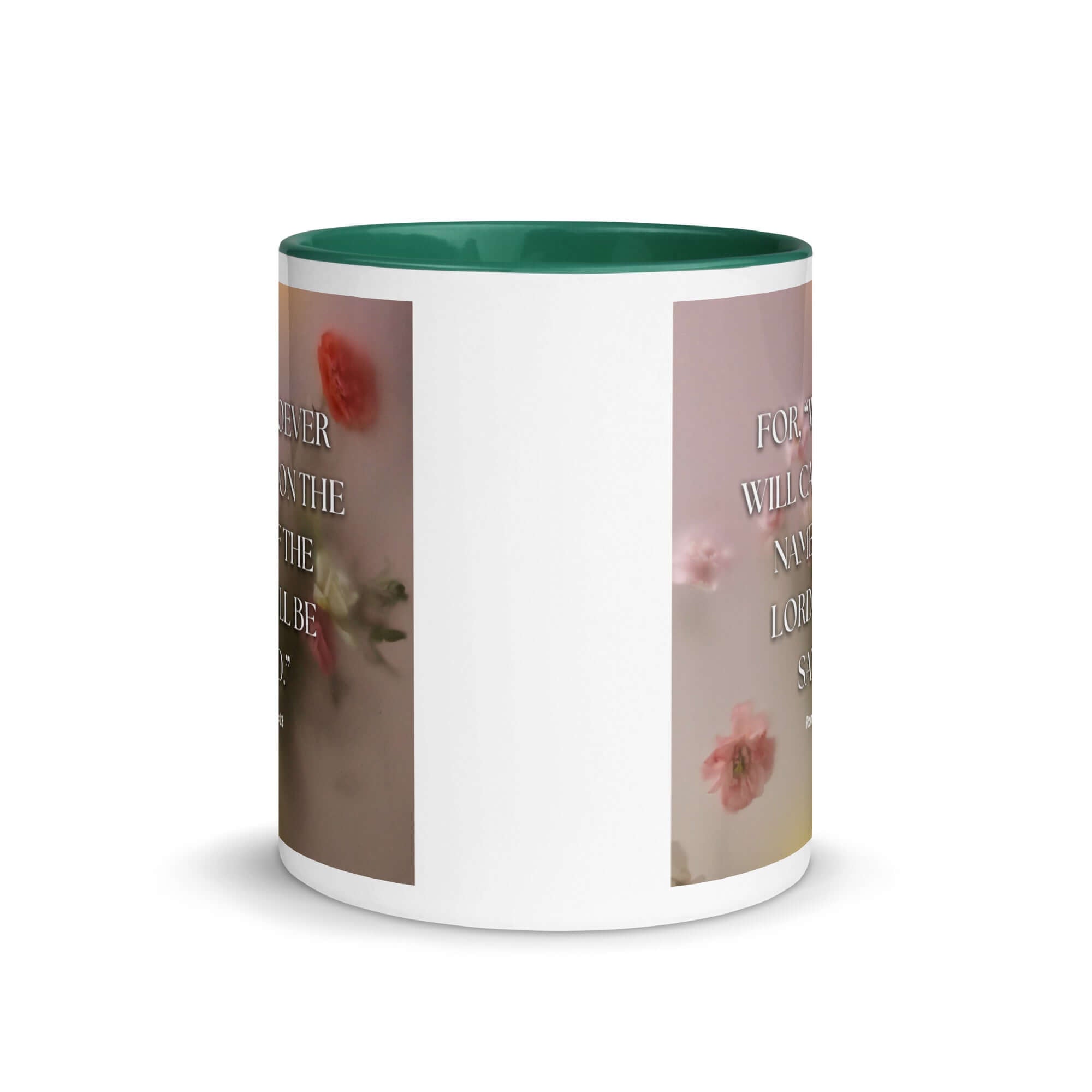 Romans 10:13 Bible Verse, will call White Ceramic Mug with Color Inside