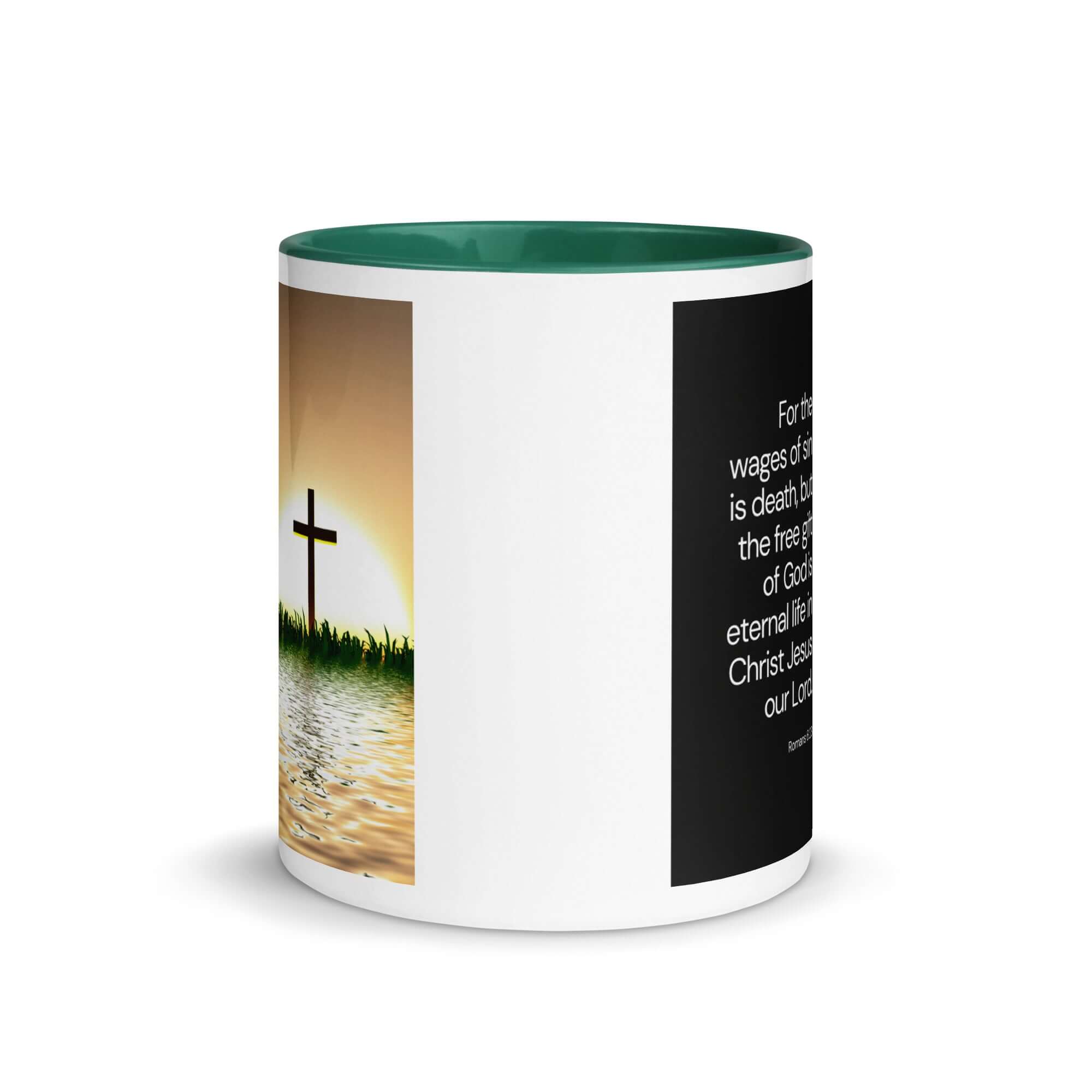 Romans 6:23 Bible Verse, the wages White Ceramic Mug with Color Inside