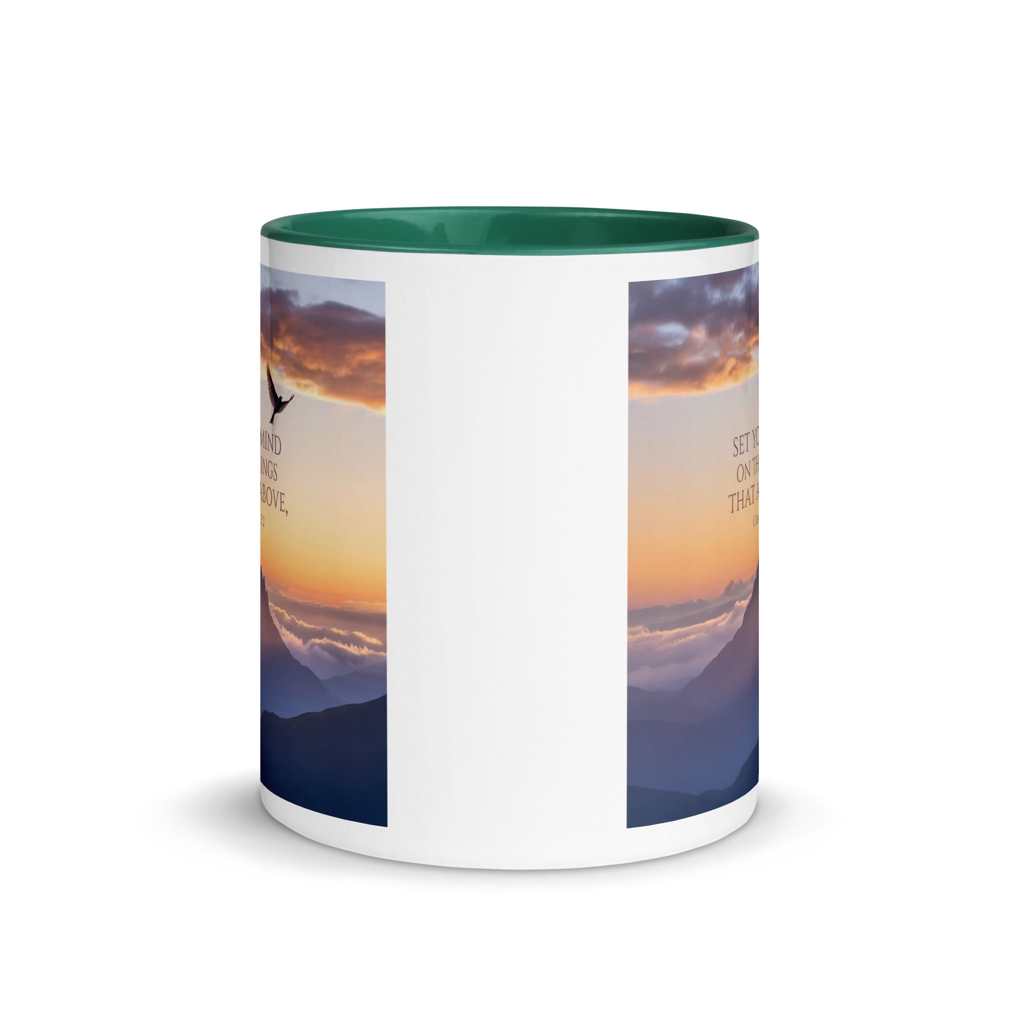 Colossians 3:2 Bible Verse are above White Ceramic Mug with Color Inside