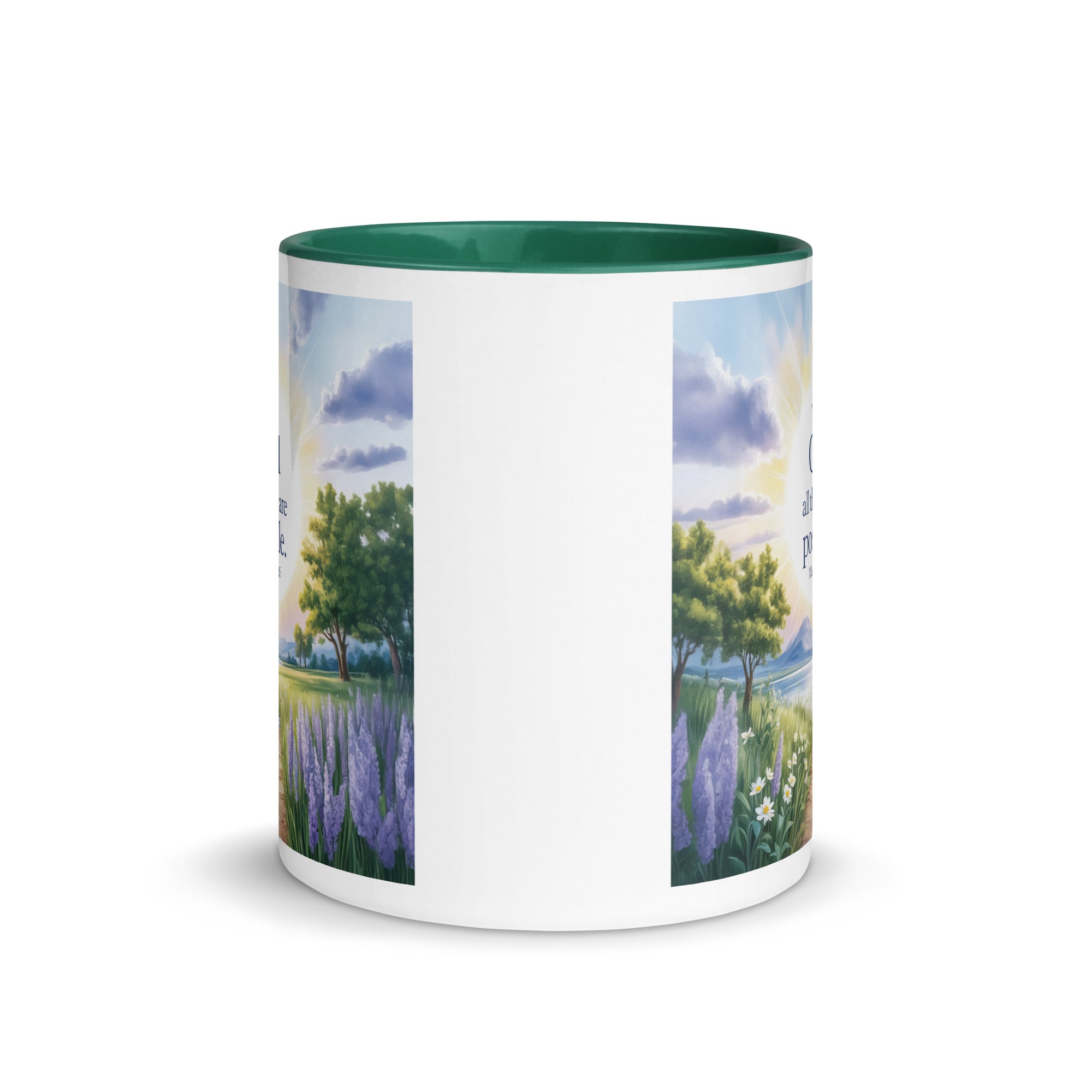 Matthew 19:26 Bible Verse Looking at White Ceramic Mug with Color Inside