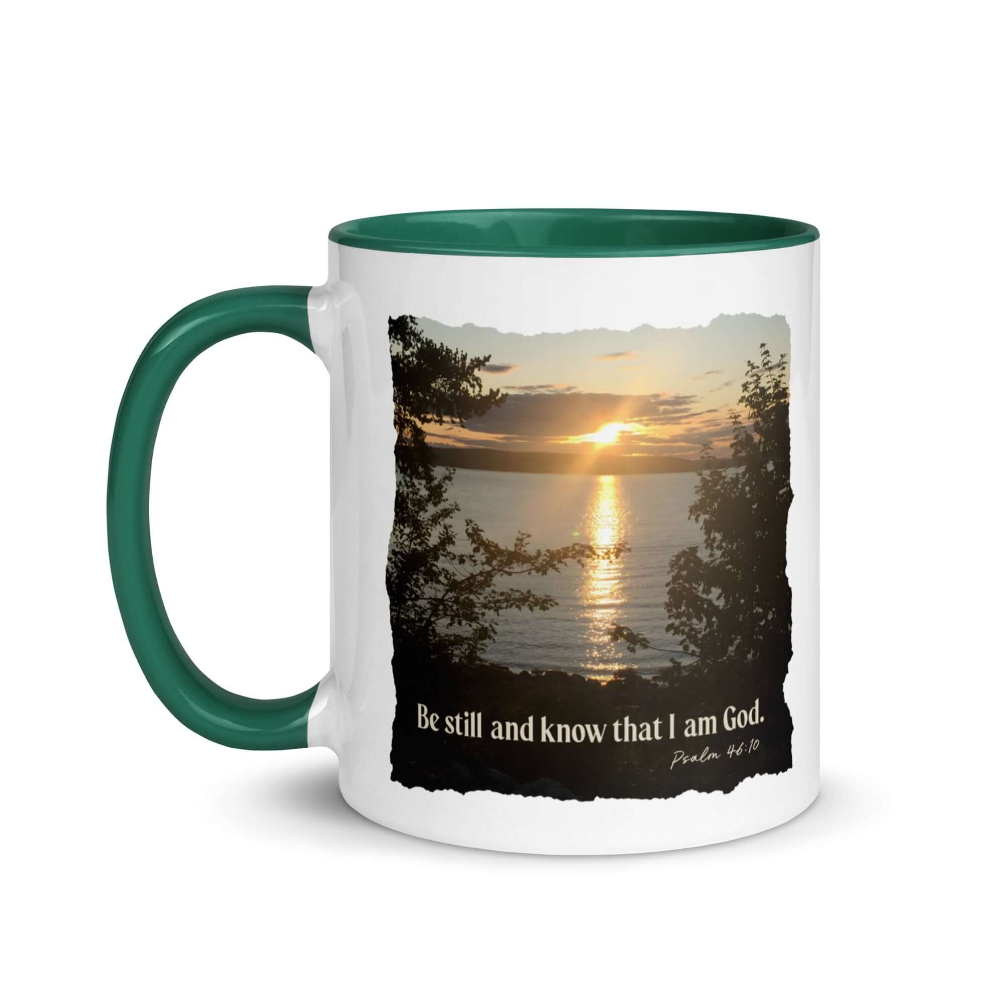 Psalm 46:10 Bible Verse, Sunset Glory White Ceramic Mug with Color Inside