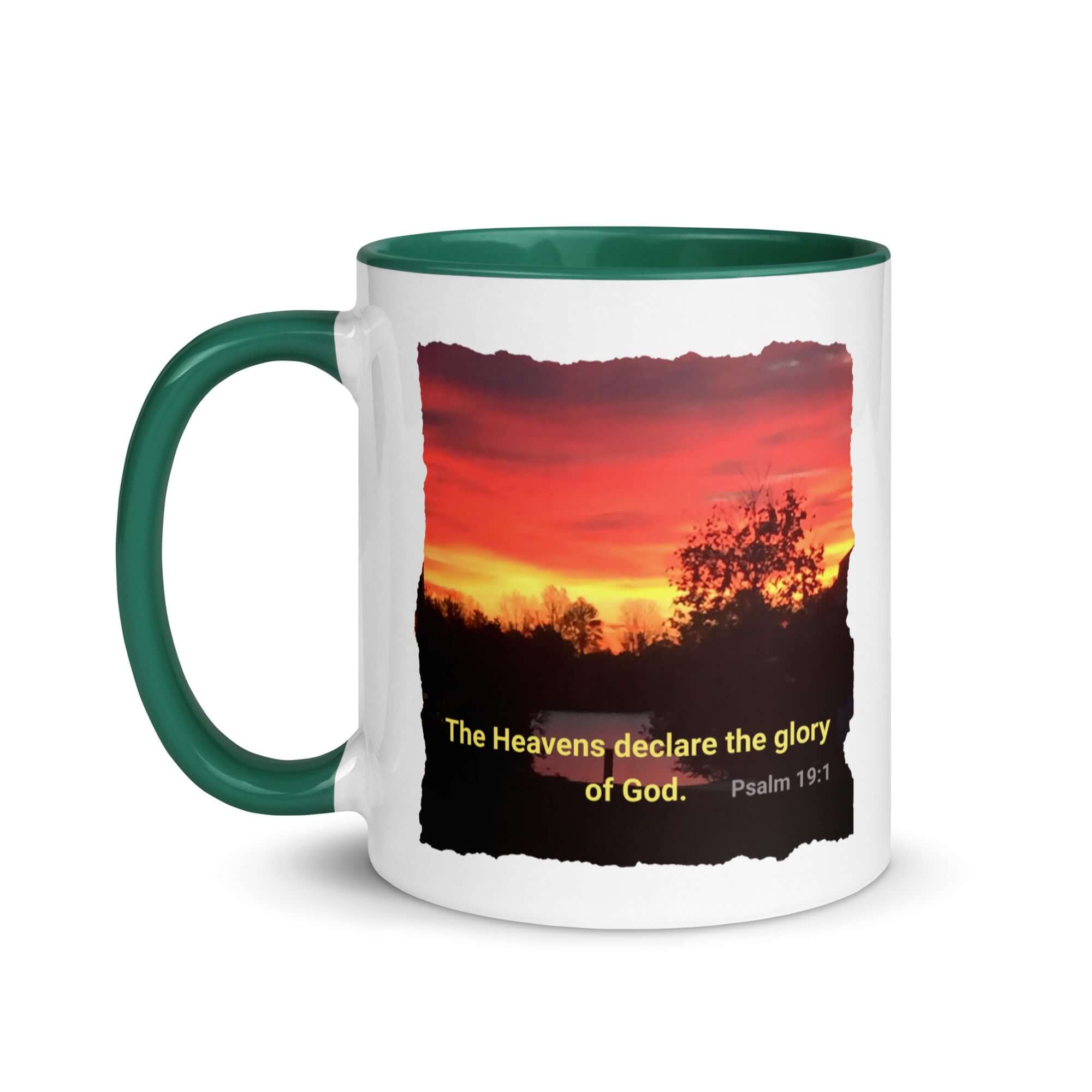Psalm 19:1 Bible Verse, Sunset Glory White Ceramic Mug with Color Inside