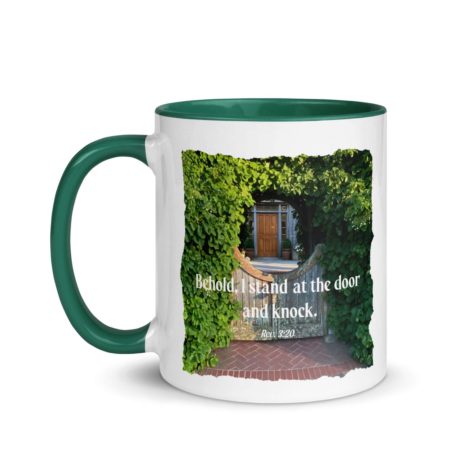 Revelation 3:20 Bible Verse, Garden Doorway White Ceramic Mug with Color Inside