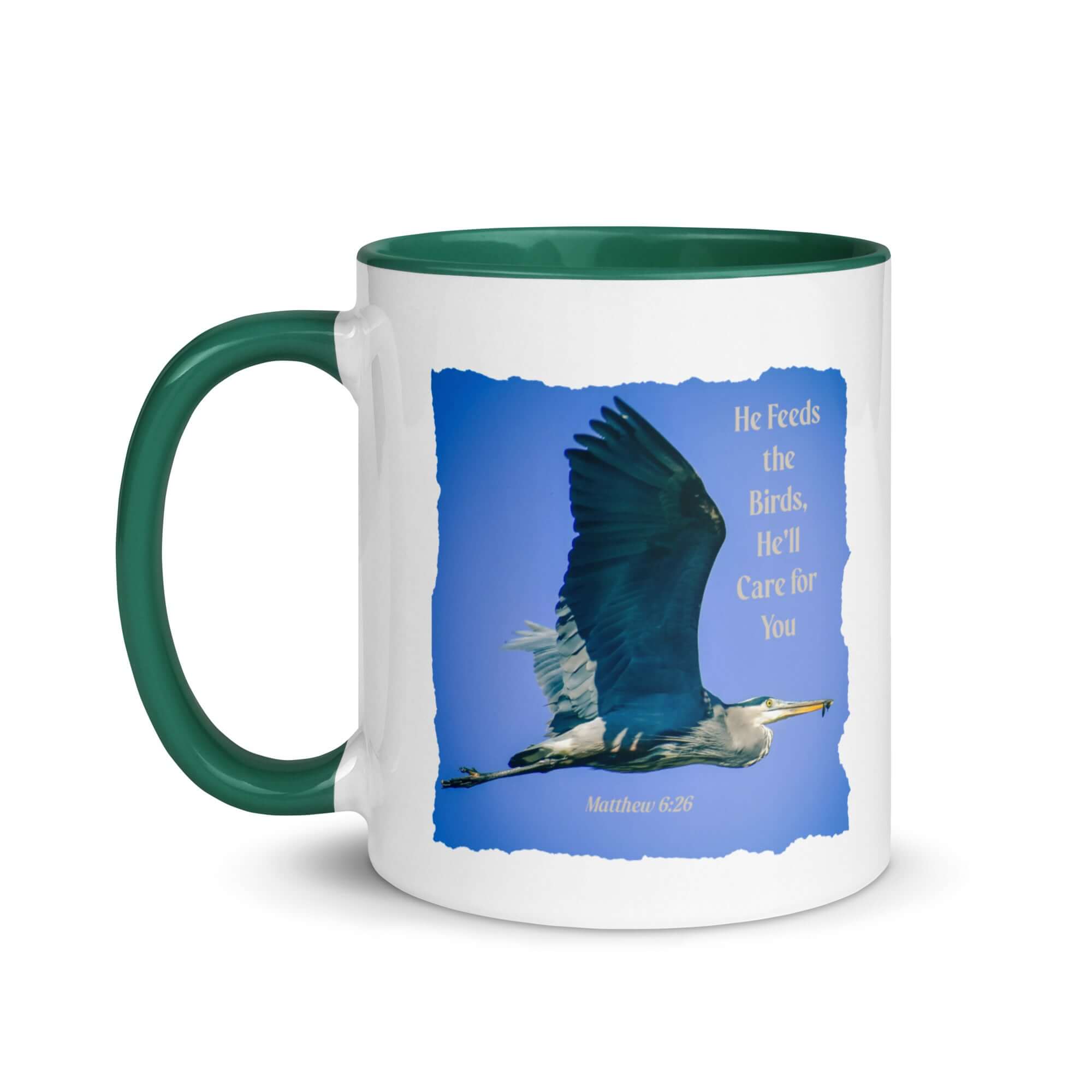 Matthew 6:26 Graceful Heron, He'll Care for You White Ceramic Mug with Color Inside