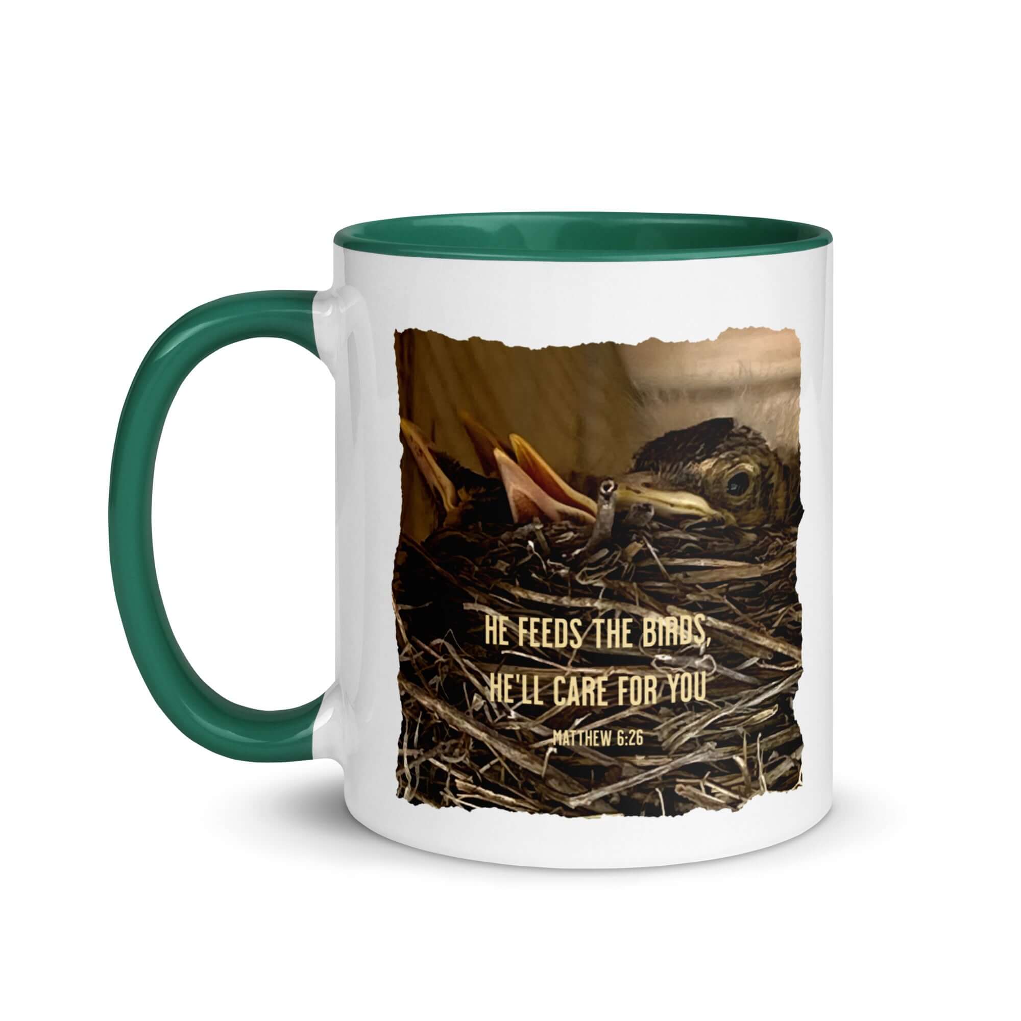 Matthew 6:26 Baby Robins, He'll Care for You White Ceramic Mug with Color Inside