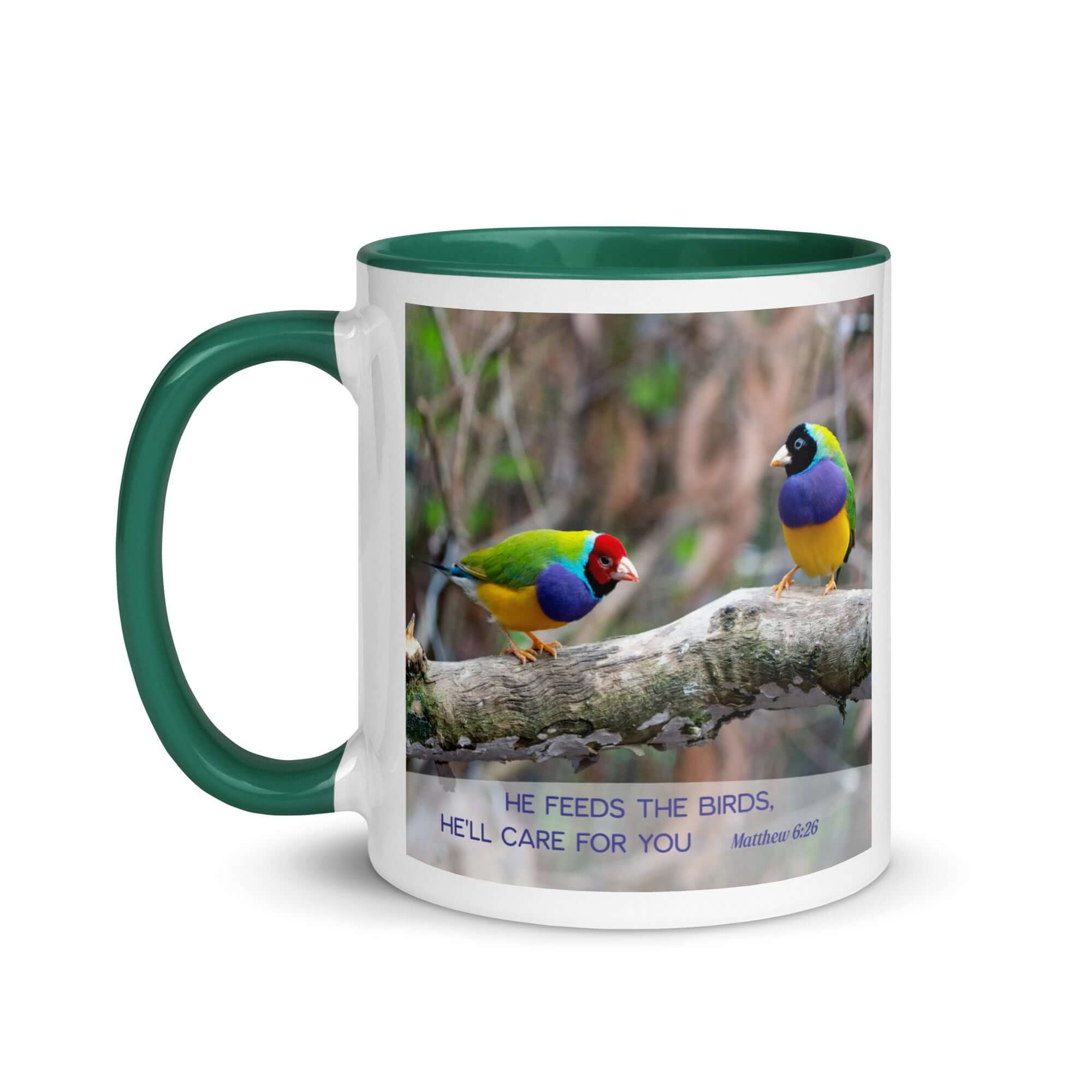 Matthew 6:26 Gouldian Finches, He'll Care for You White Ceramic Mug with Color Inside