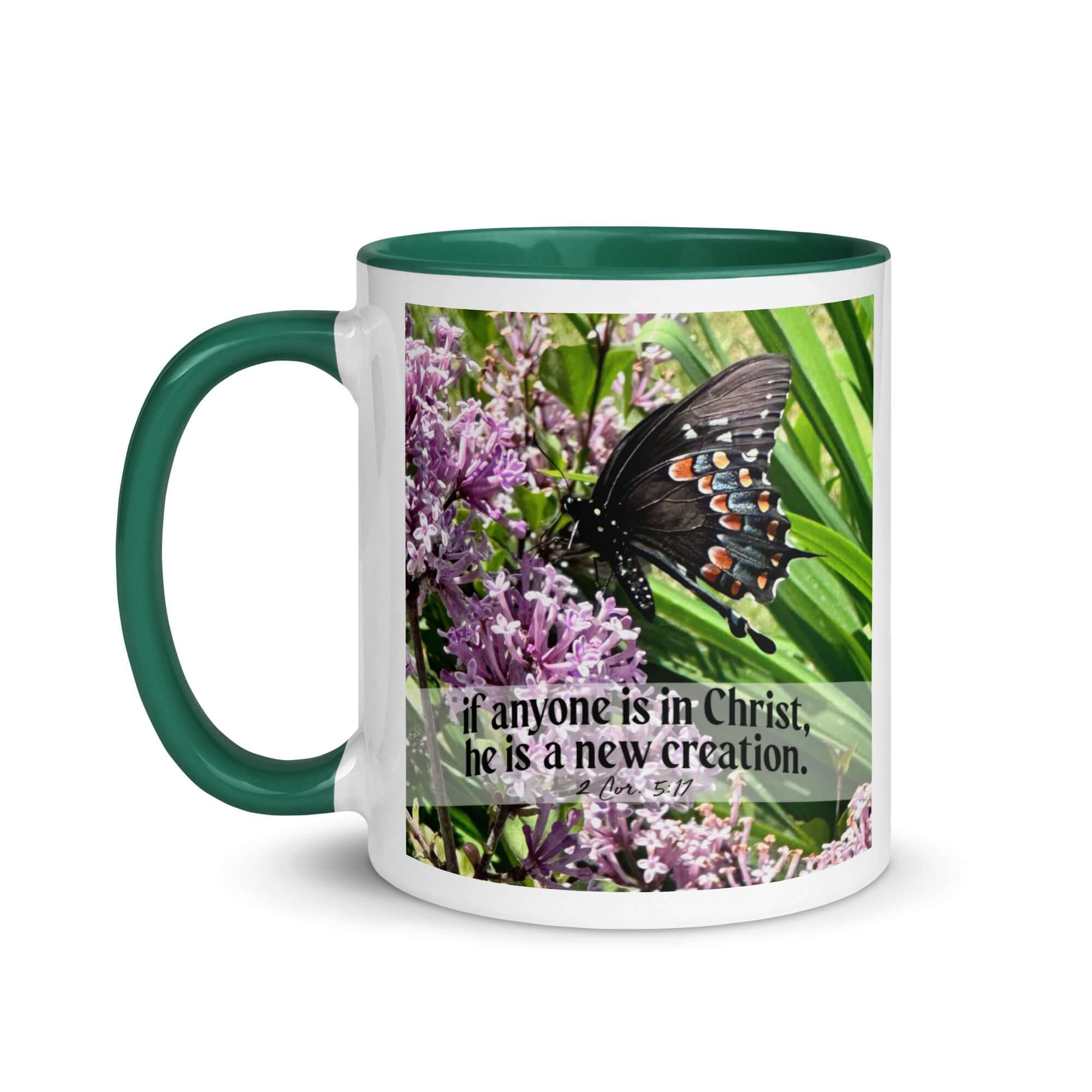 2 Corinthians 5:17 Bible Verse, Butterfly White Ceramic Mug with Color Inside