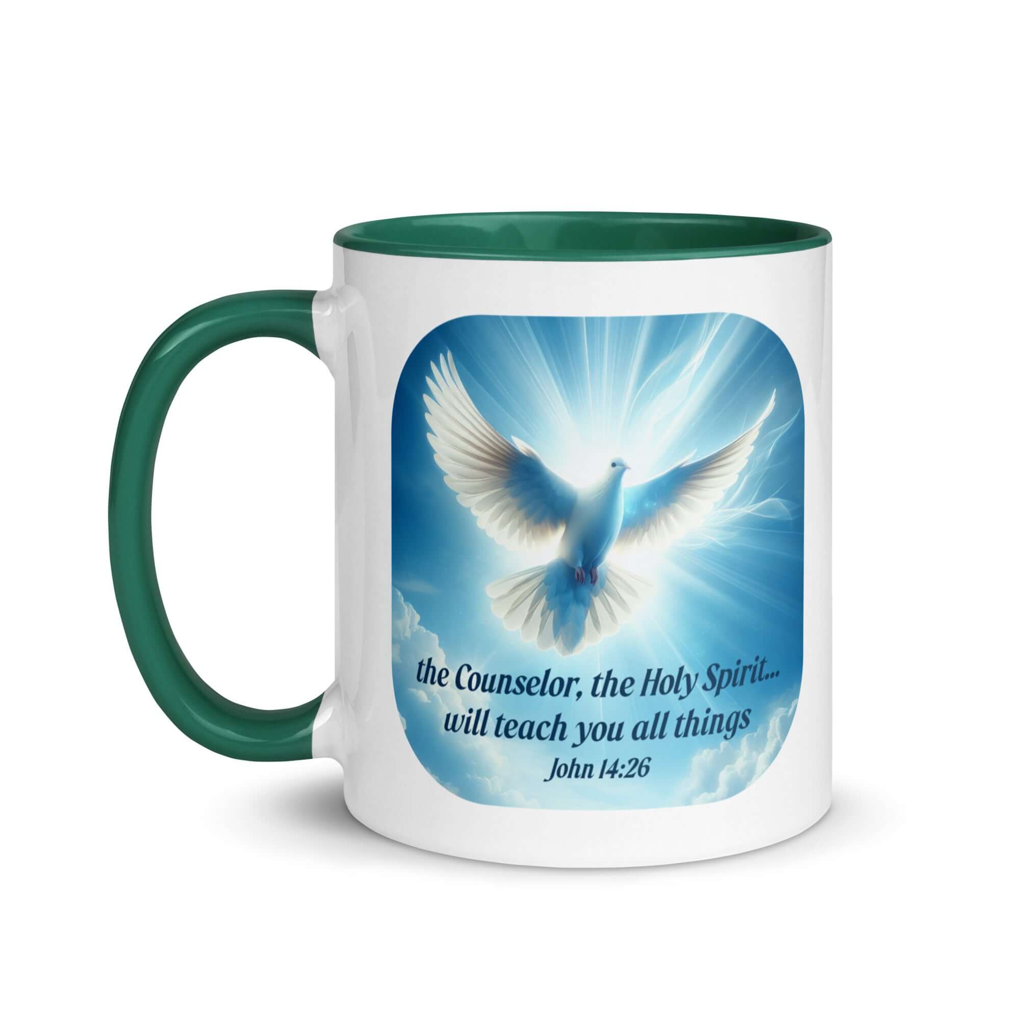 John 14:26 Bible Verse, Holy Spirit Dove White Ceramic Mug with Color Inside