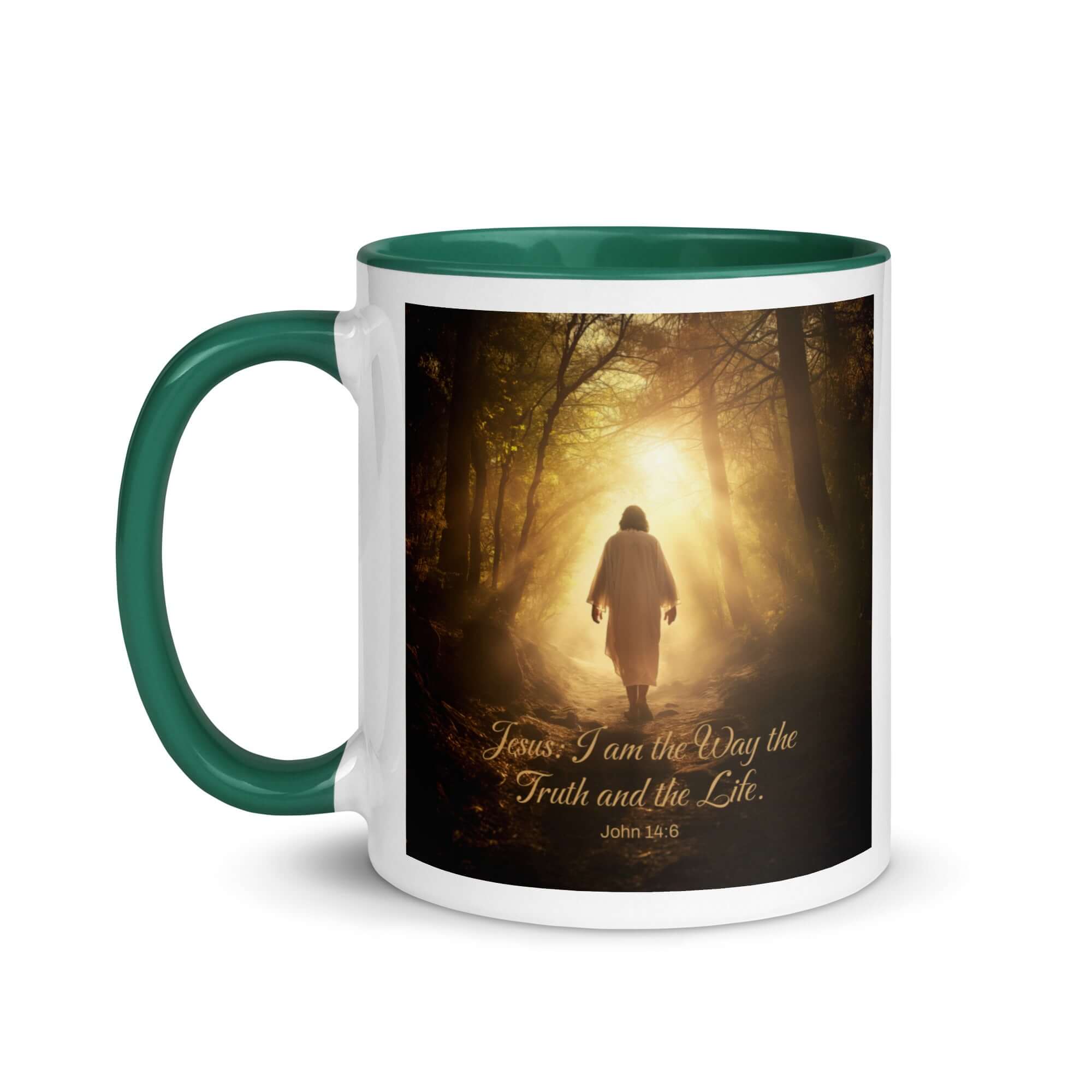 John 14:6 Bible Verse, Forest Image White Ceramic Mug with Color Inside