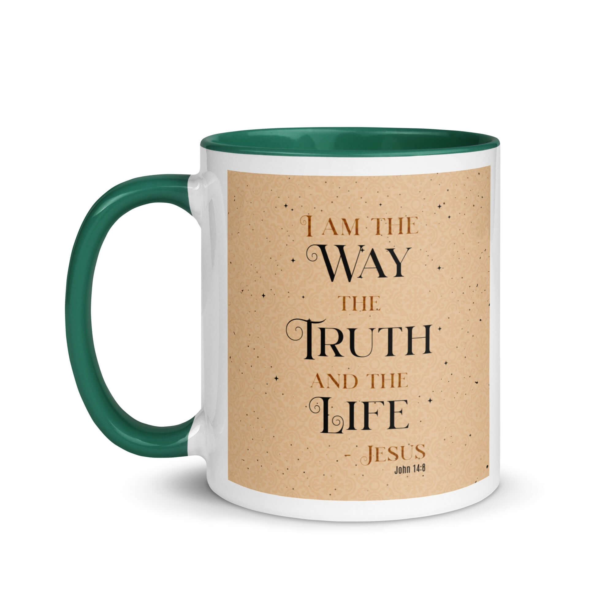 John 14:6 Bible Verse, Color Text Brown Background White Ceramic Mug with Color Inside
