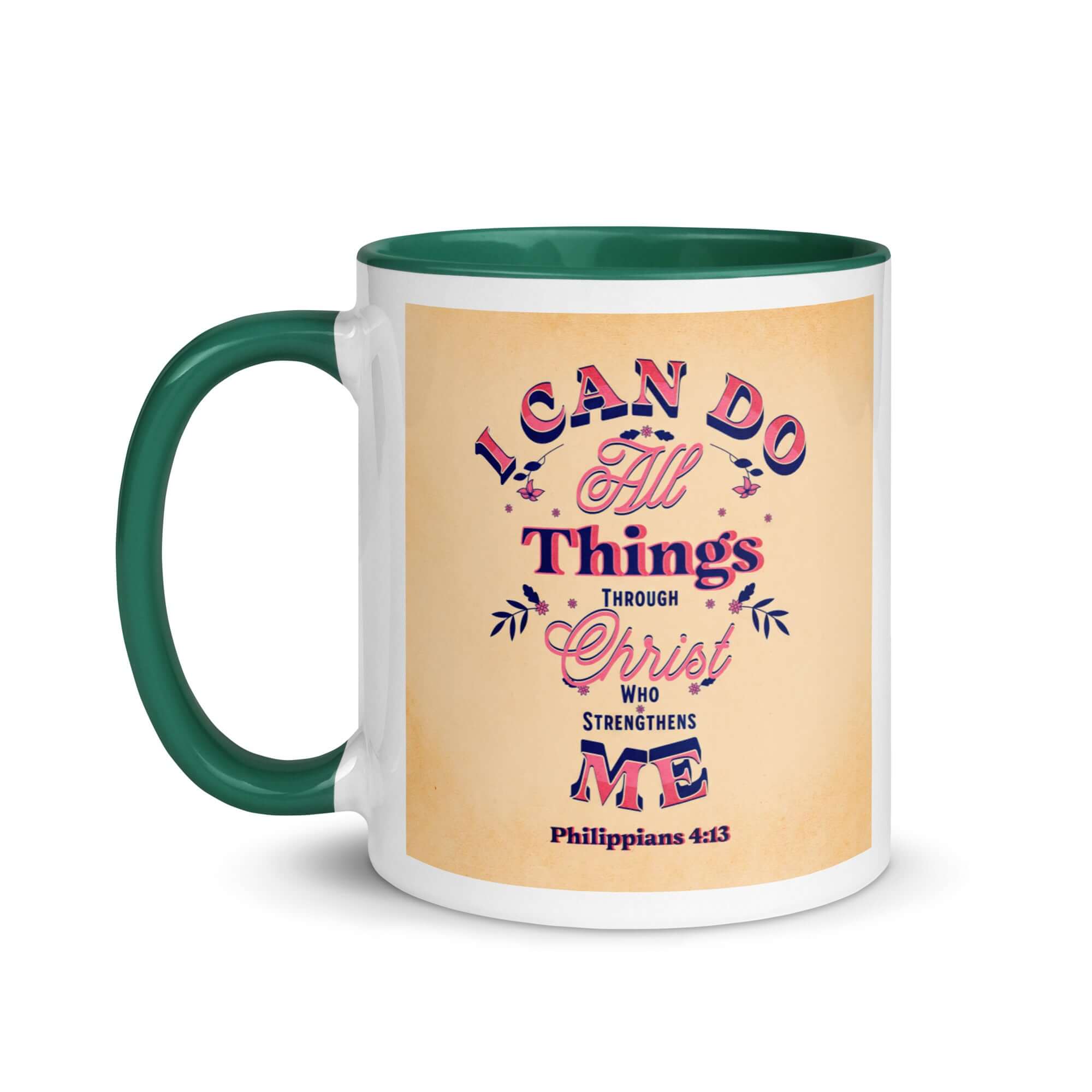 Philippians 4:13 Bible Verse, Christ Strengthens Me White Ceramic Mug with Color Inside