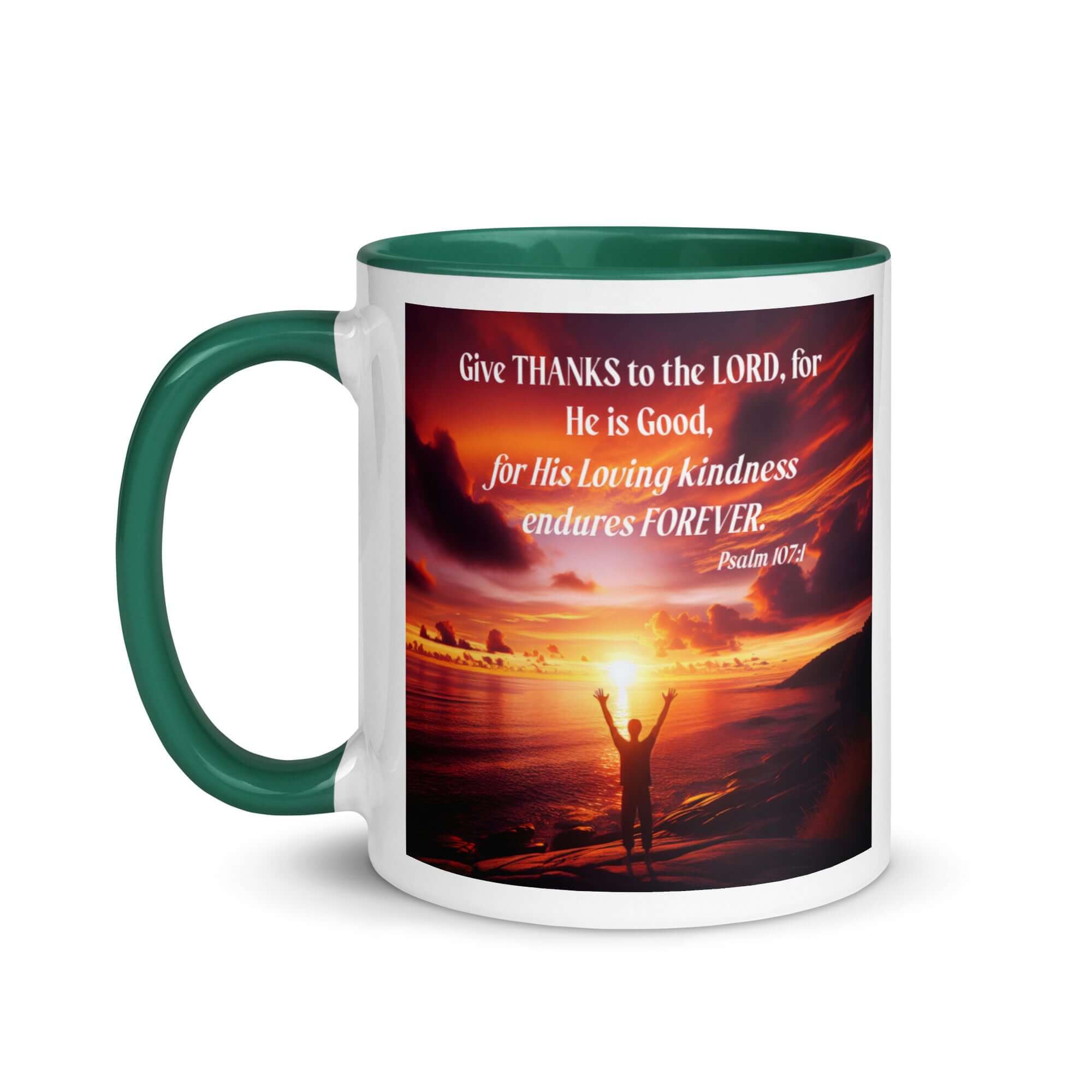 Psalm 107:1 Bible Verse, Give Thanks to the Lord White Ceramic Mug with Color Inside