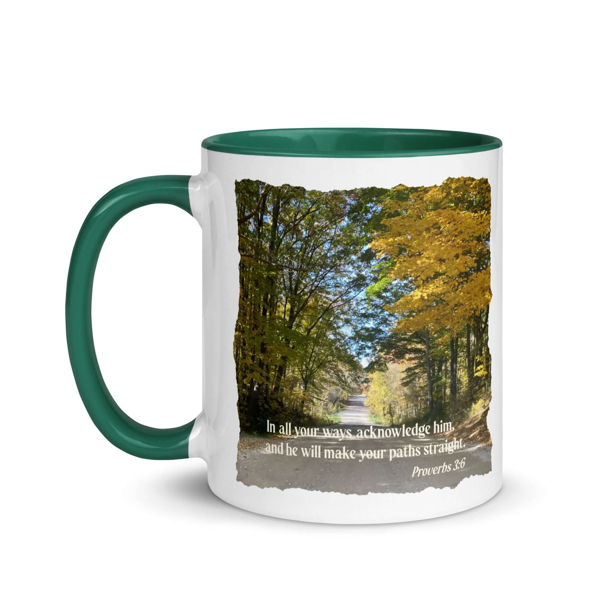 Proverbs 3:6 Bible Verse, Fall Road White Ceramic Mug with Color Inside