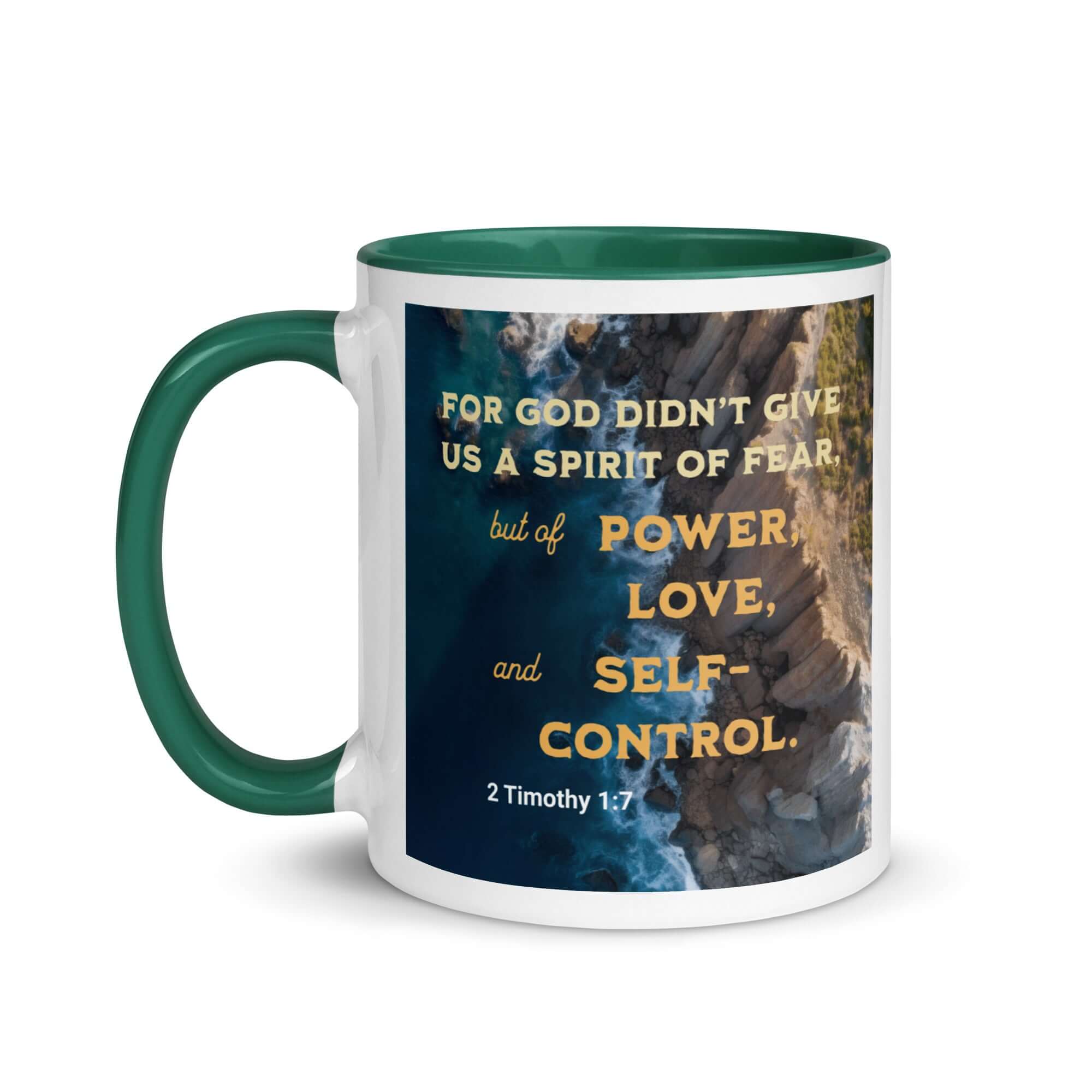 2 Timothy 1:7 Bible Verse, Power, Love, Self-Control White Ceramic Mug with Color Inside