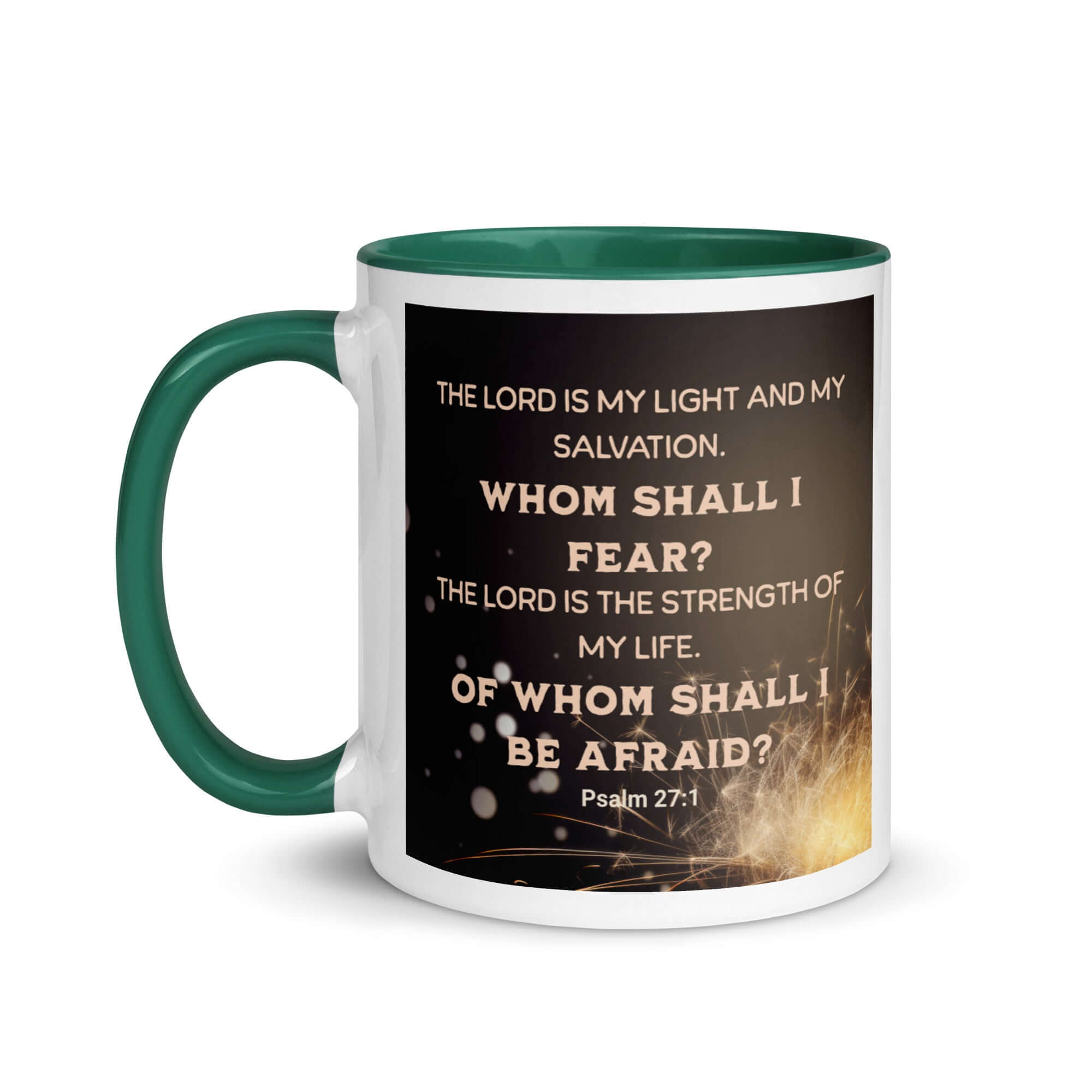 Psalm 27:1 Bible Verse, The LORD is My Light White Ceramic Mug with Color Inside