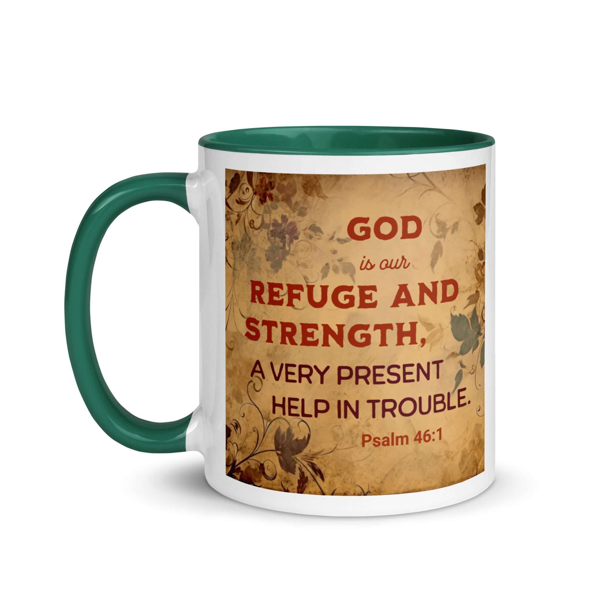 Psalm 46:1 Bible Verse, God is Our Refuge White Ceramic Mug with Color Inside