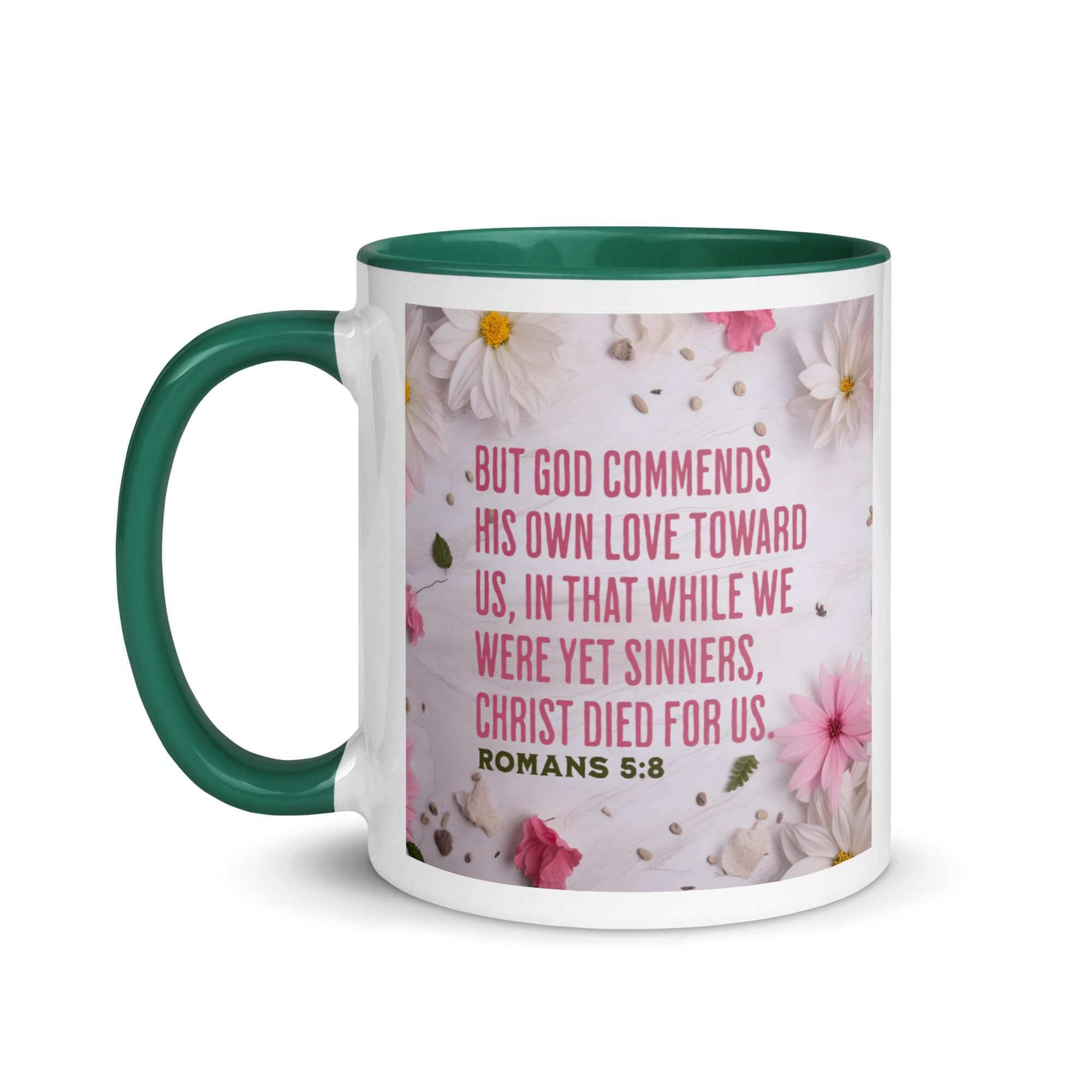 Romans 5:8 Bible Verse, Christ Died for Us White Ceramic Mug with Color Inside