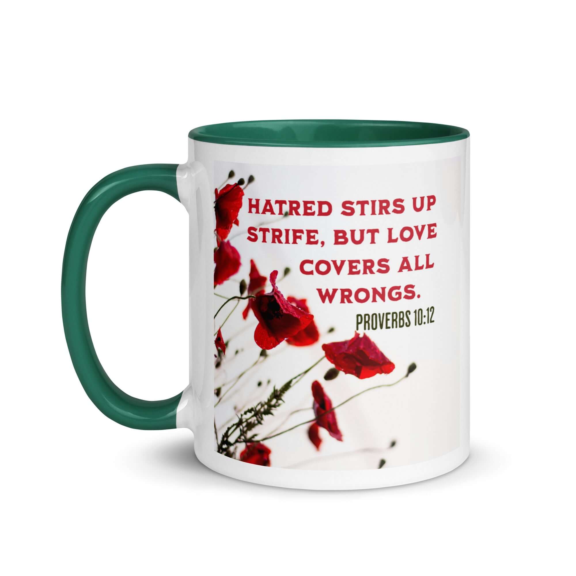 Proverbs 10:12 Bible Verse, Love Covers All White Ceramic Mug with Color Inside
