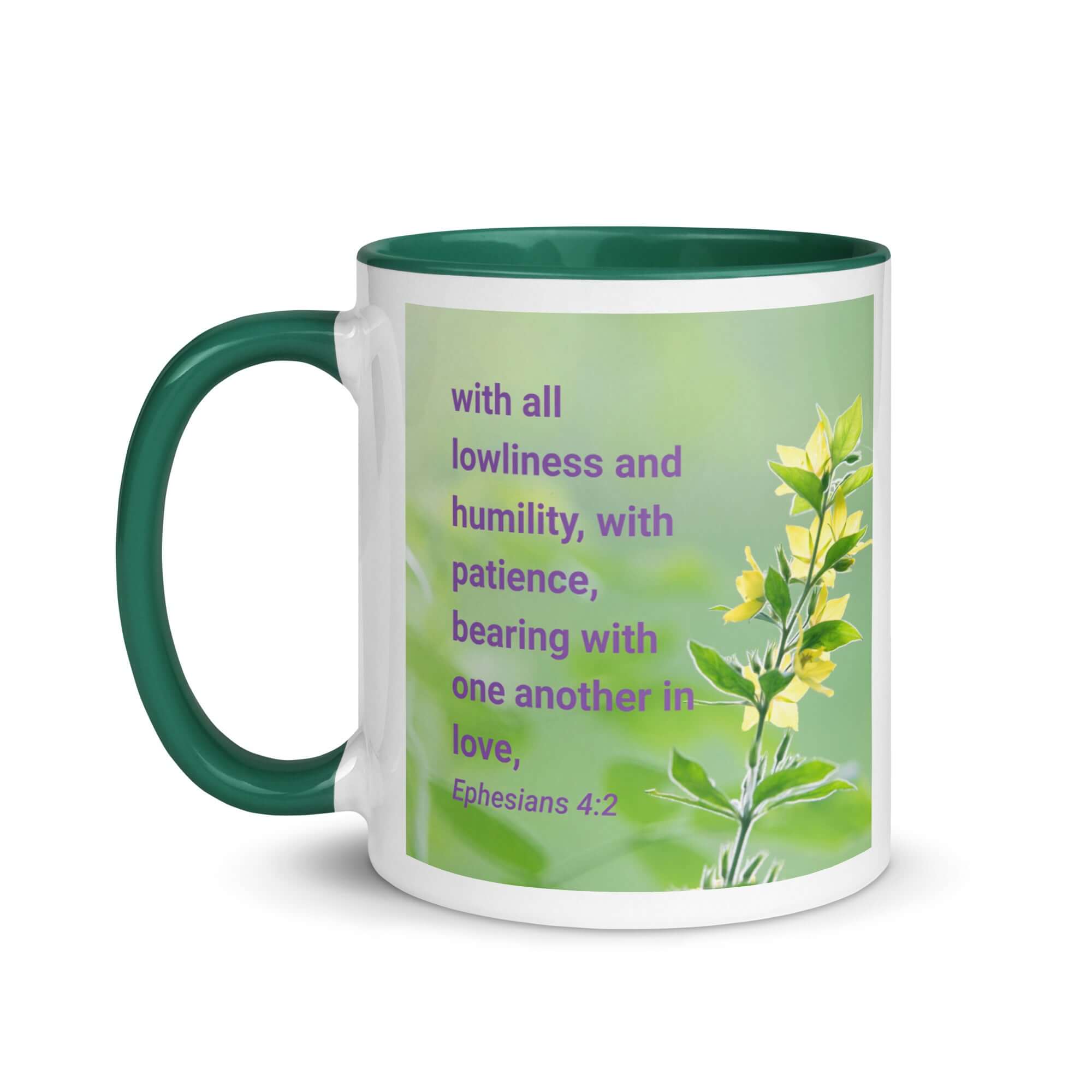 Ephesians 4:2 Bible Verse, one another in love White Ceramic Mug with Color Inside