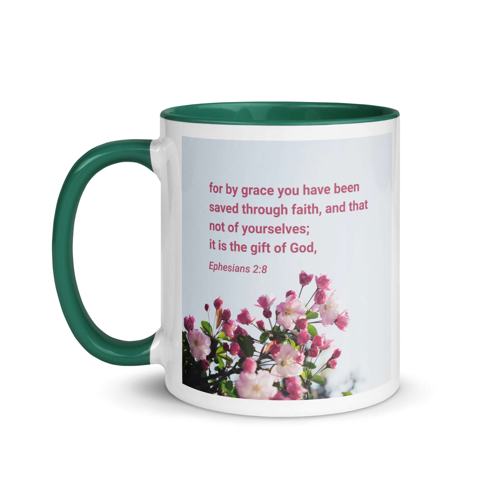 Ephesians 2:8 Bible Verse, saved through faith White Ceramic Mug with Color Inside