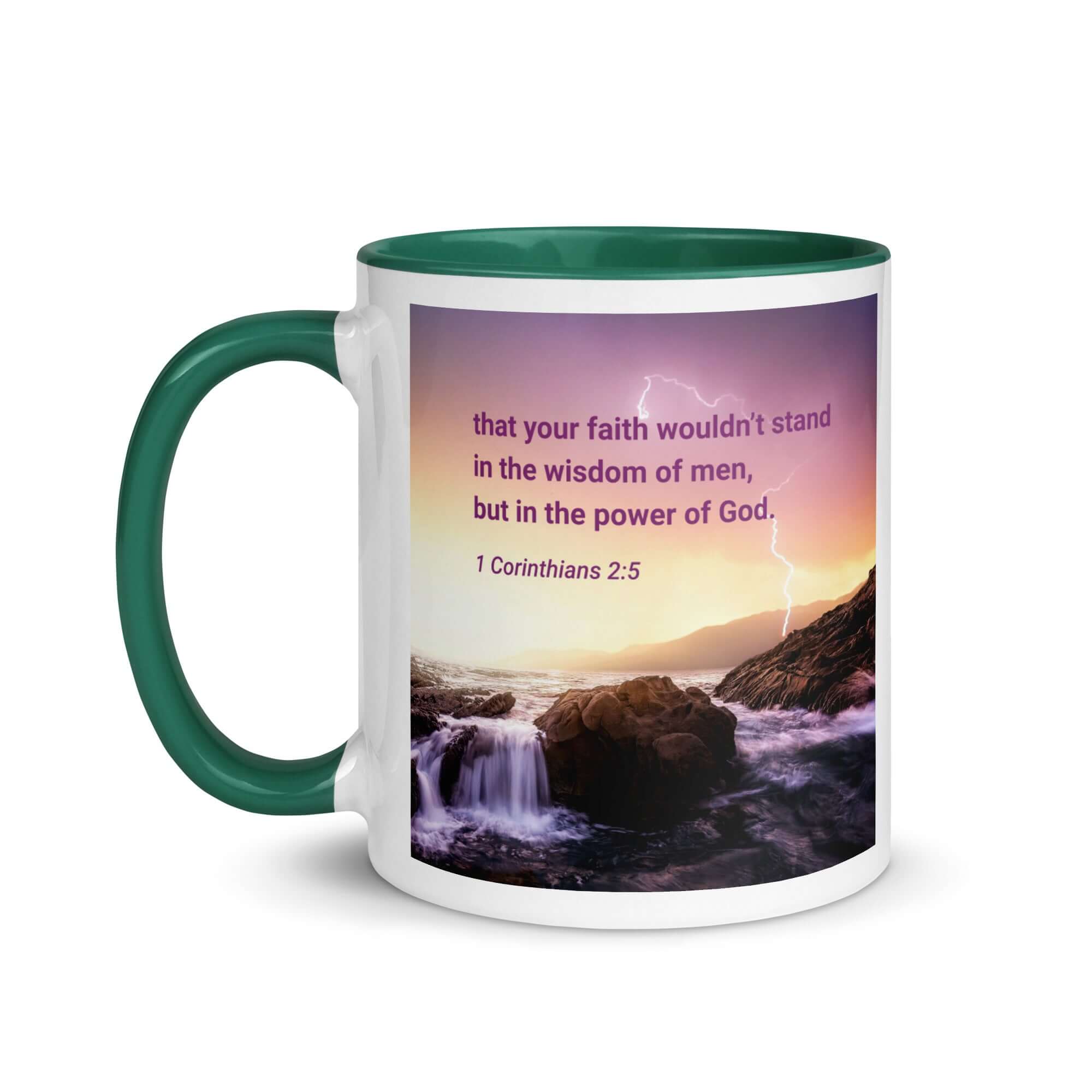 1 Corinthians 2:5 Bible Verse, power of God White Ceramic Mug with Color Inside