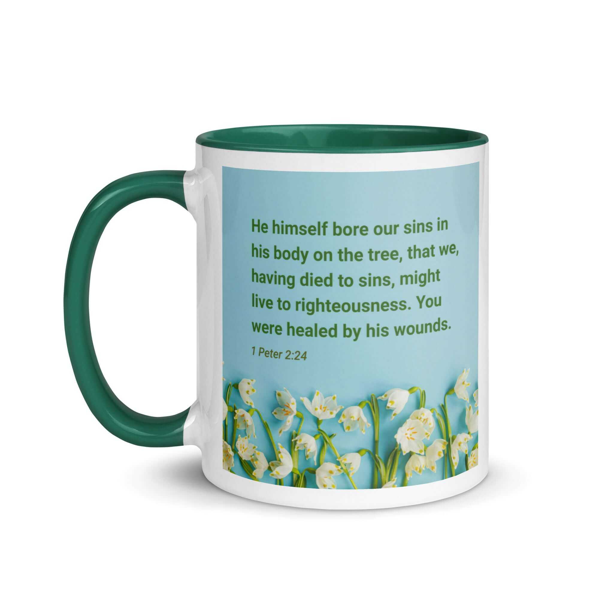 1 Peter 2:24 Bible Verse, healed by His wounds White Ceramic Mug with Color Inside
