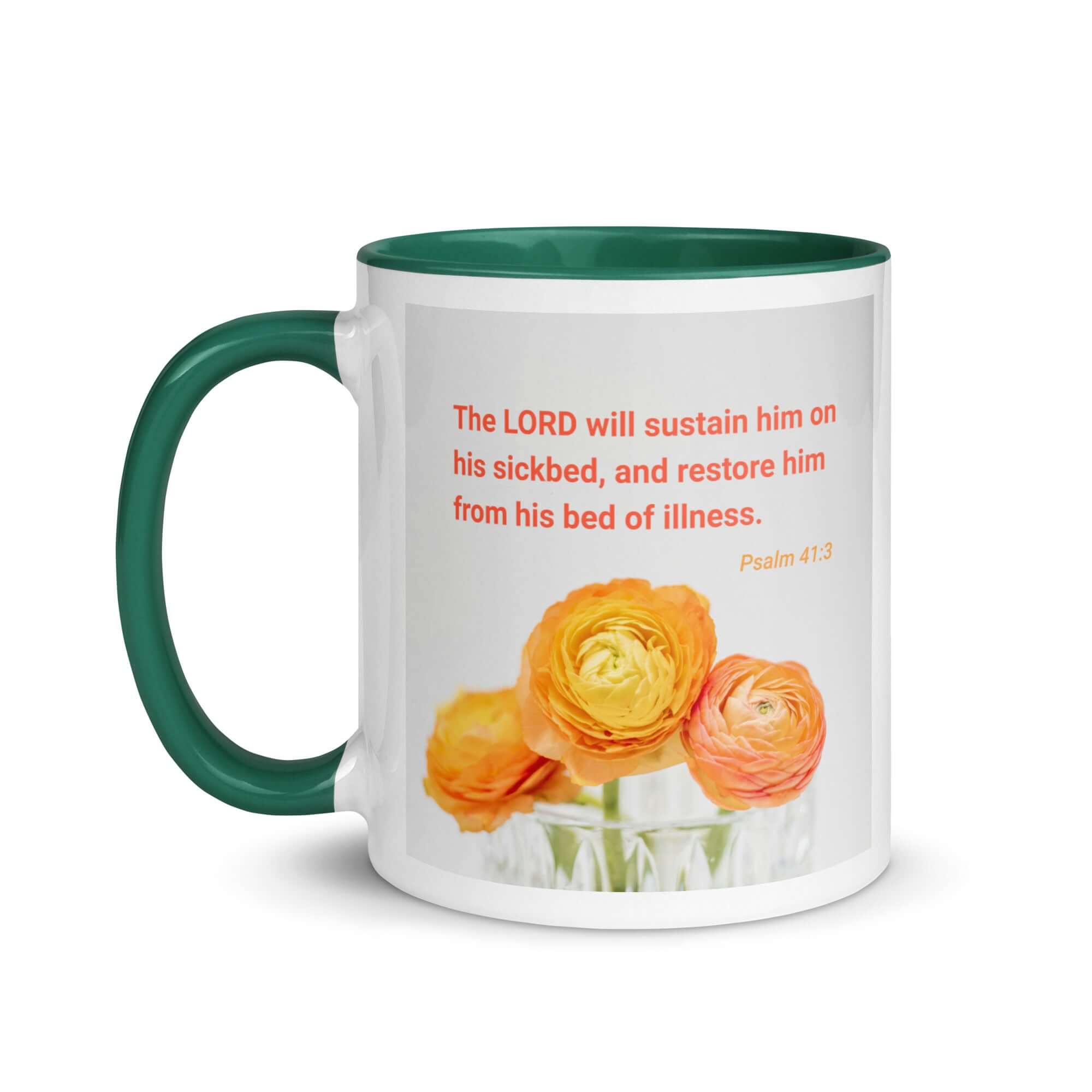 Psalm 41:3 Bible Verse, LORD will sustain White Ceramic Mug with Color Inside