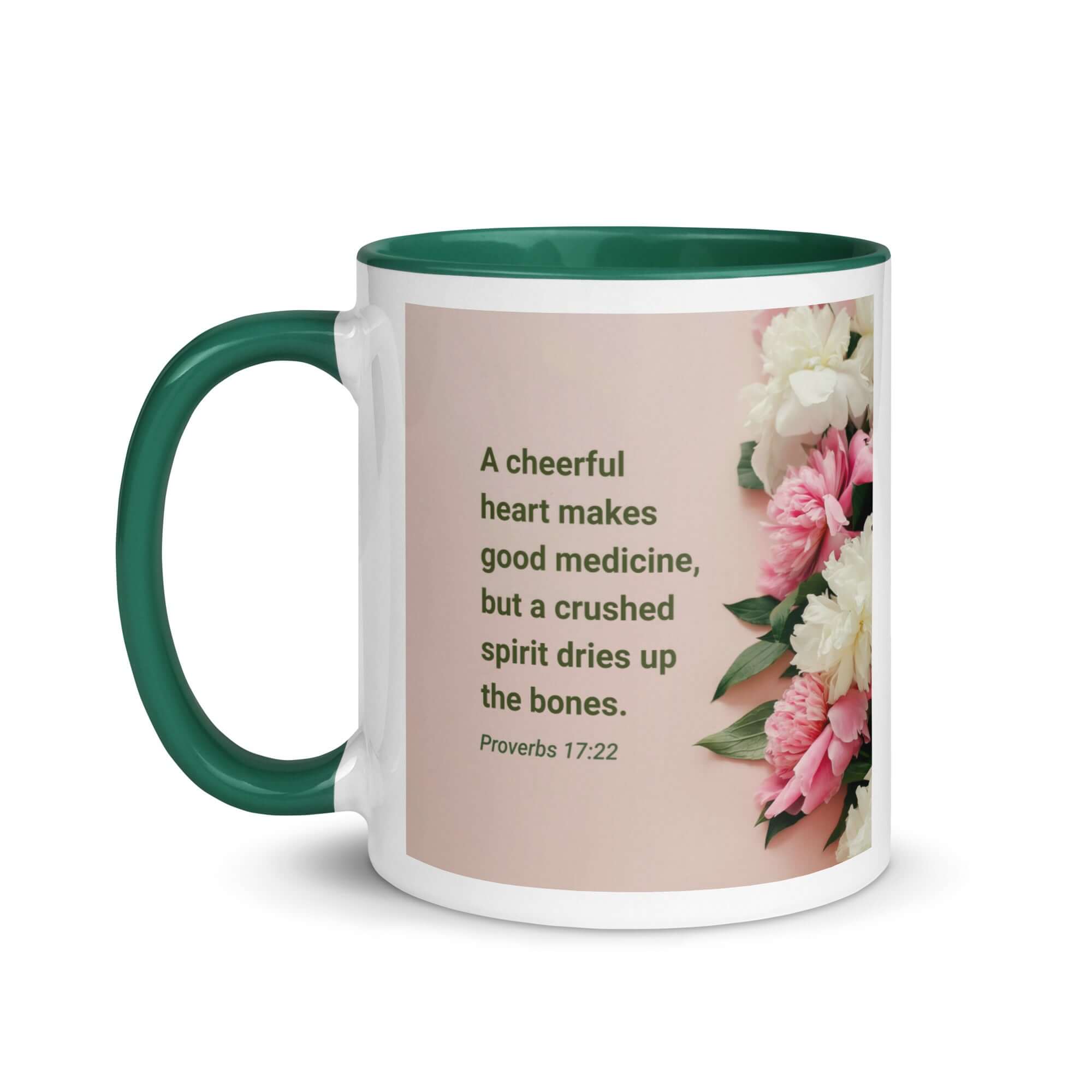 Proverbs 17:22 Bible Verse, good medicine White Ceramic Mug with Color Inside