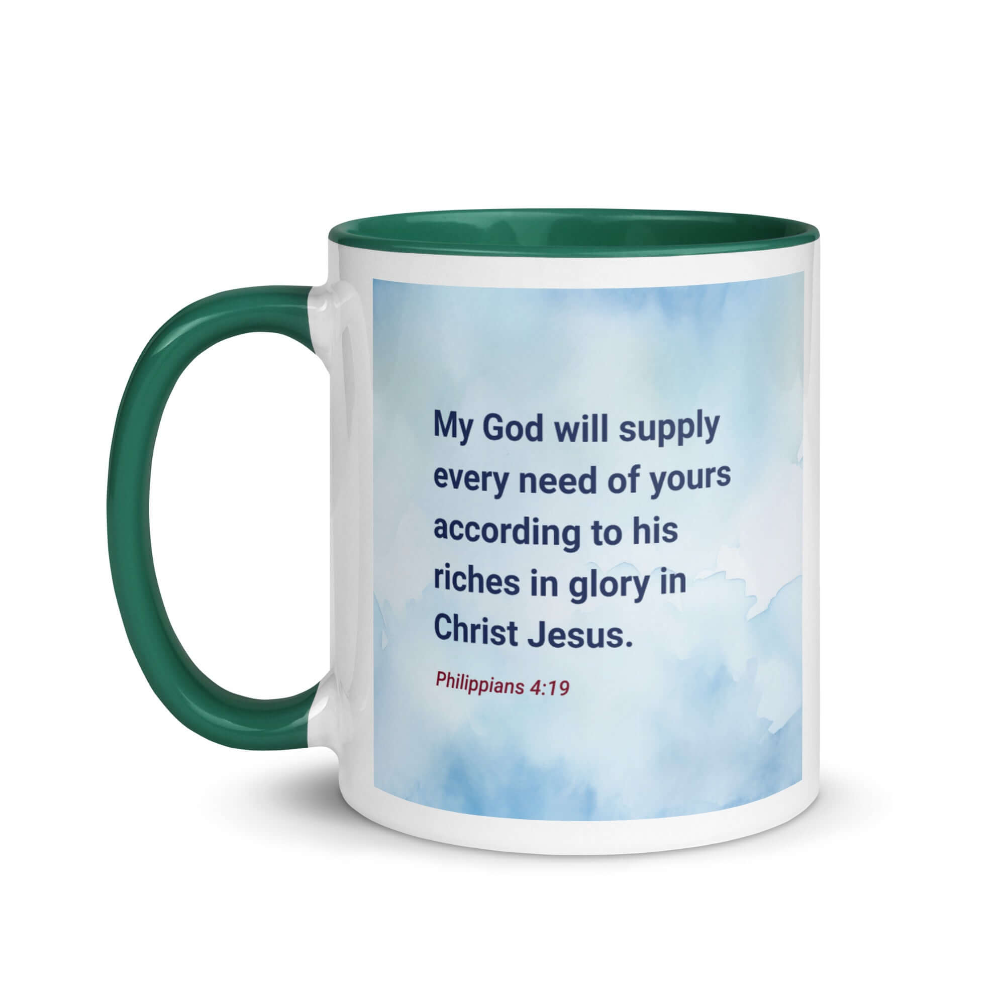 Philippians 4:19 Bible Verse, God will supply White Ceramic Mug with Color Inside