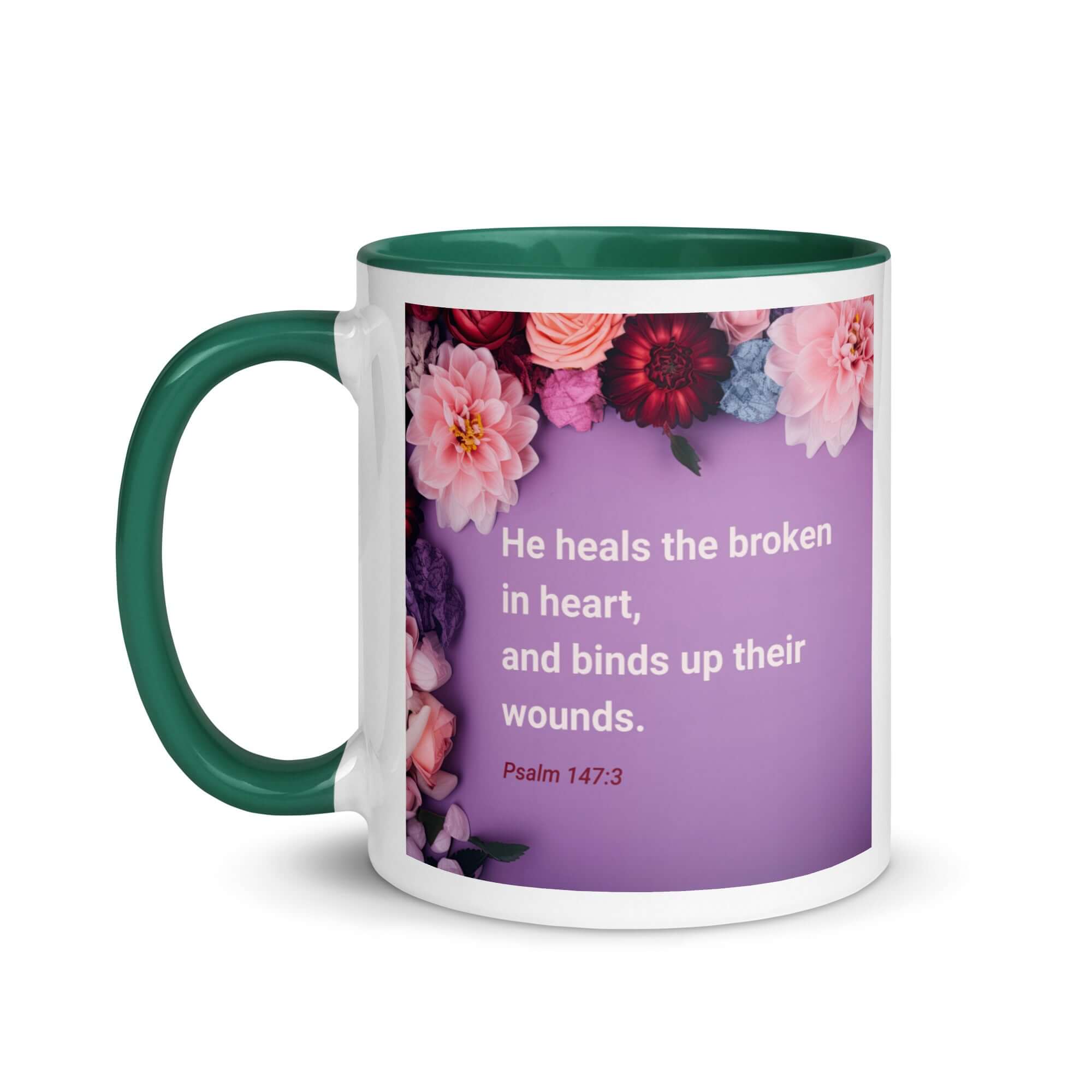 Psalm 147:3 Bible Verse, He heals the broken White Ceramic Mug with Color Inside