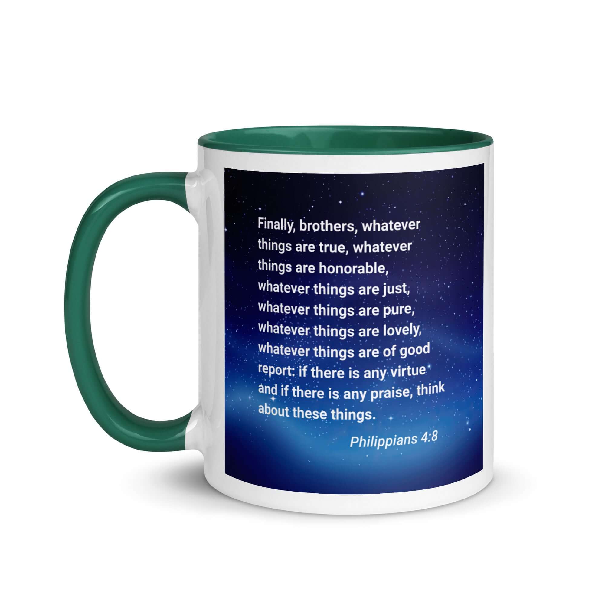 Philippians 4:8 Bible Verse, Think these things White Ceramic Mug with Color Inside