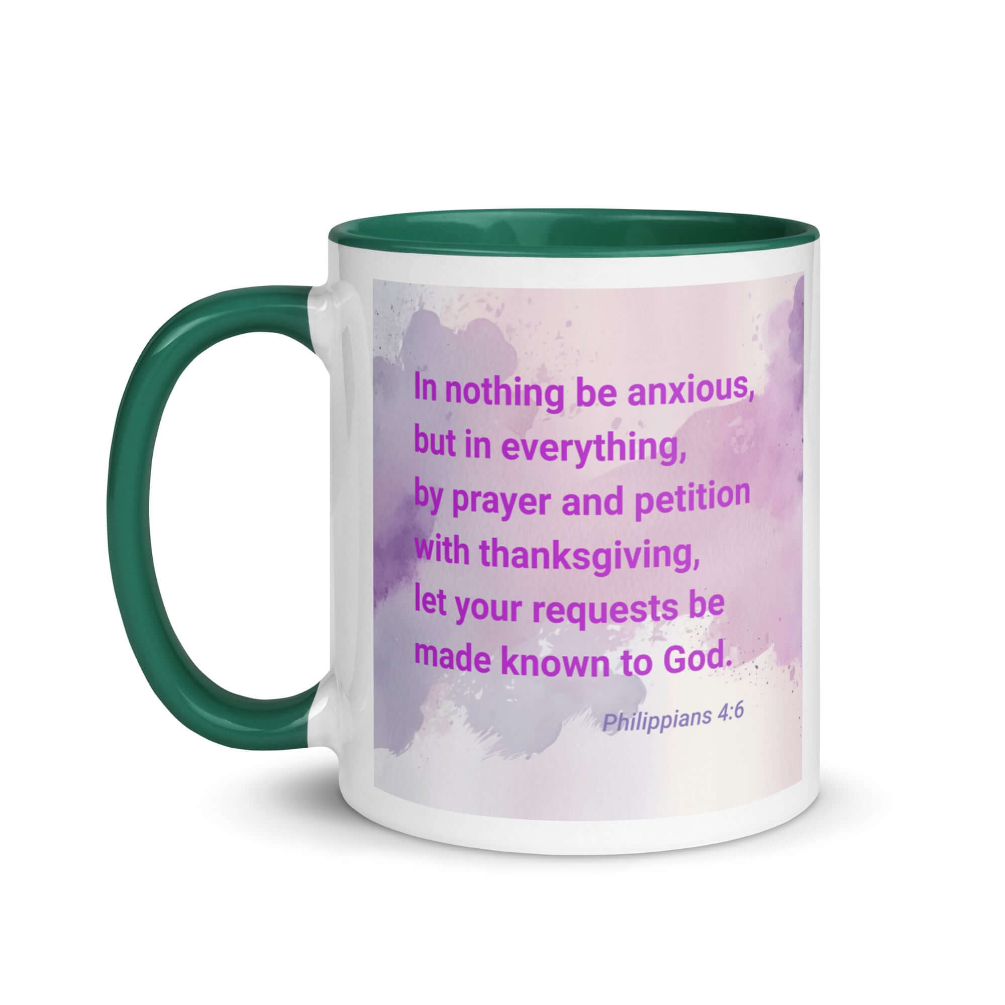 Philippians 4:6 Bible Verse, Prayer and Petition White Ceramic Mug with Color Inside