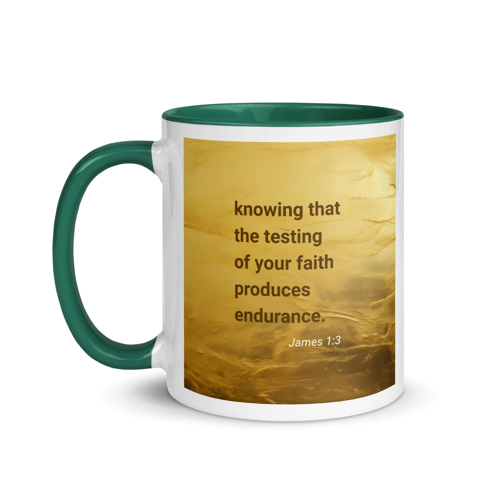 James 1:3 Bible Verse, testing of your faith White Ceramic Mug with Color Inside