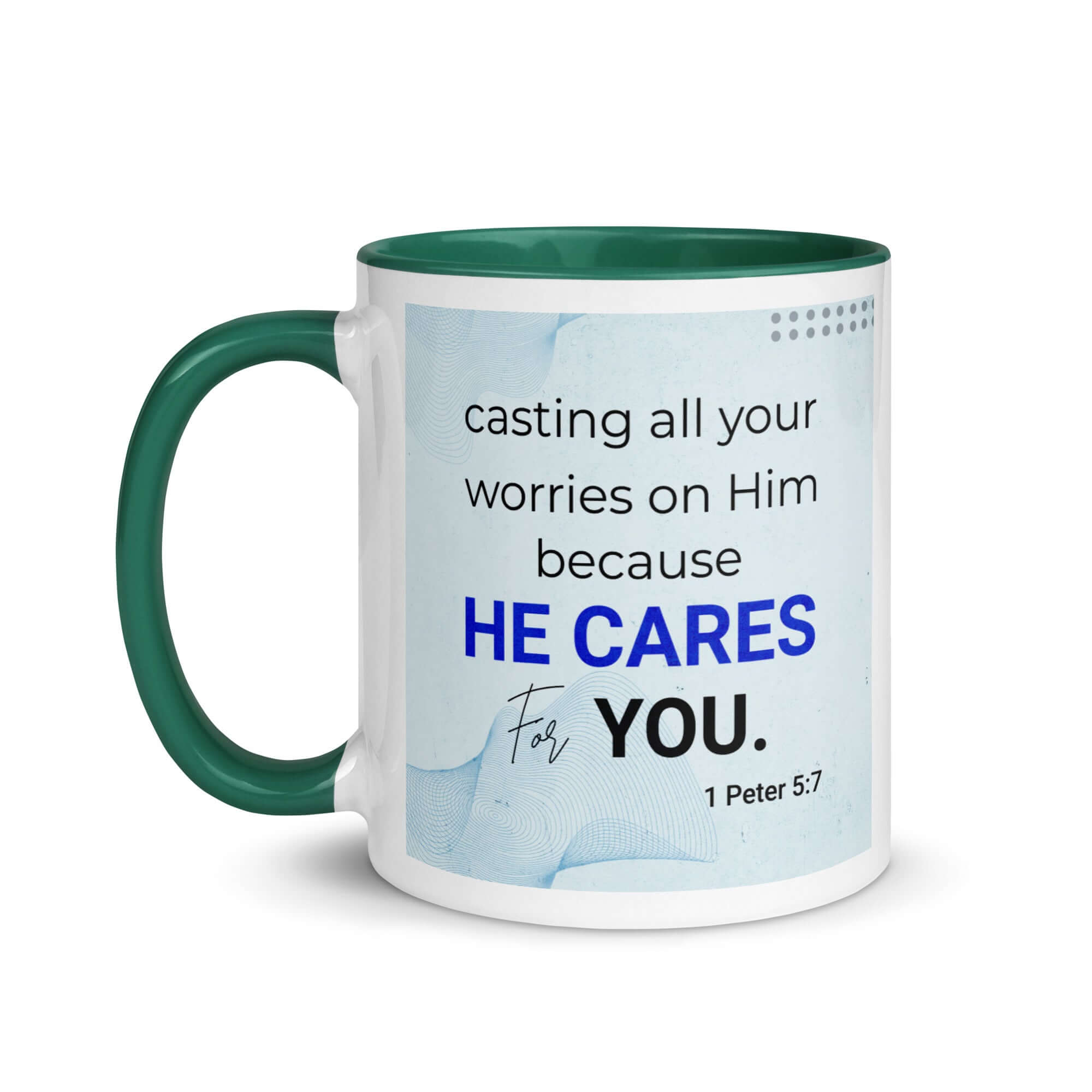 1 Peter 5:7 Bible Verse, casting all your worries on Him White Ceramic Mug with Color Inside
