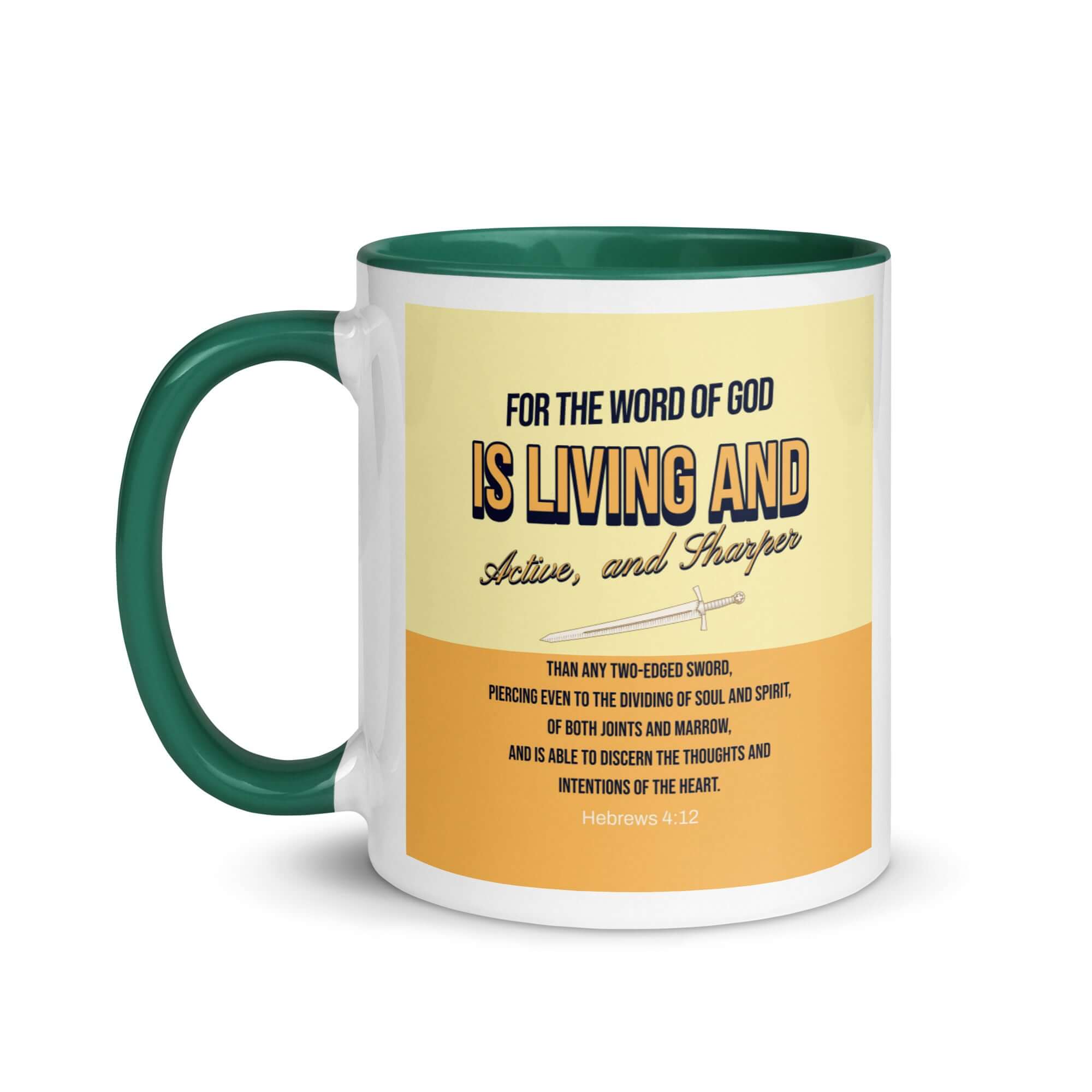 Hebrews 4:12 Bible Verse, living and active White Ceramic Mug with Color Inside
