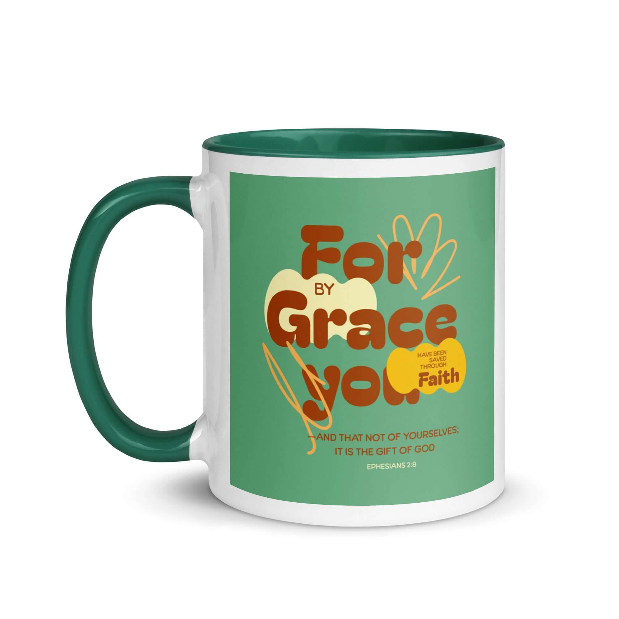 Ephesians 2:8 Bible Verse, for by grace White Ceramic Mug with Color Inside