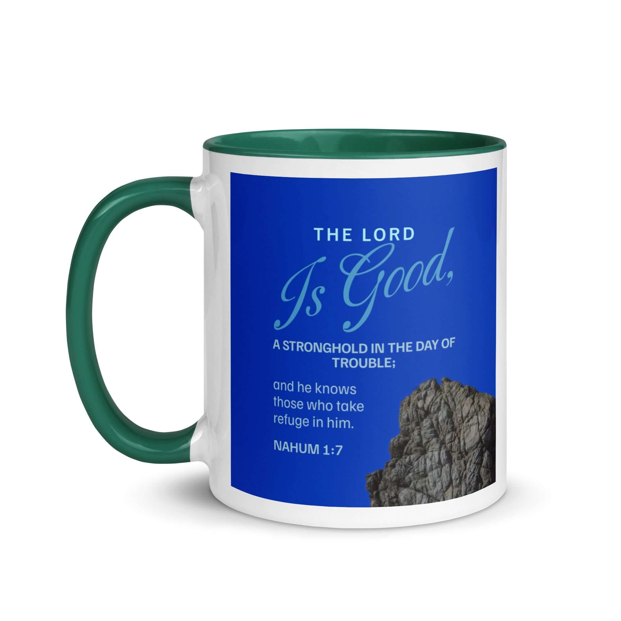Nahum 1:7 Bible Verse, The LORD is a stronghold White Ceramic Mug with Color Inside