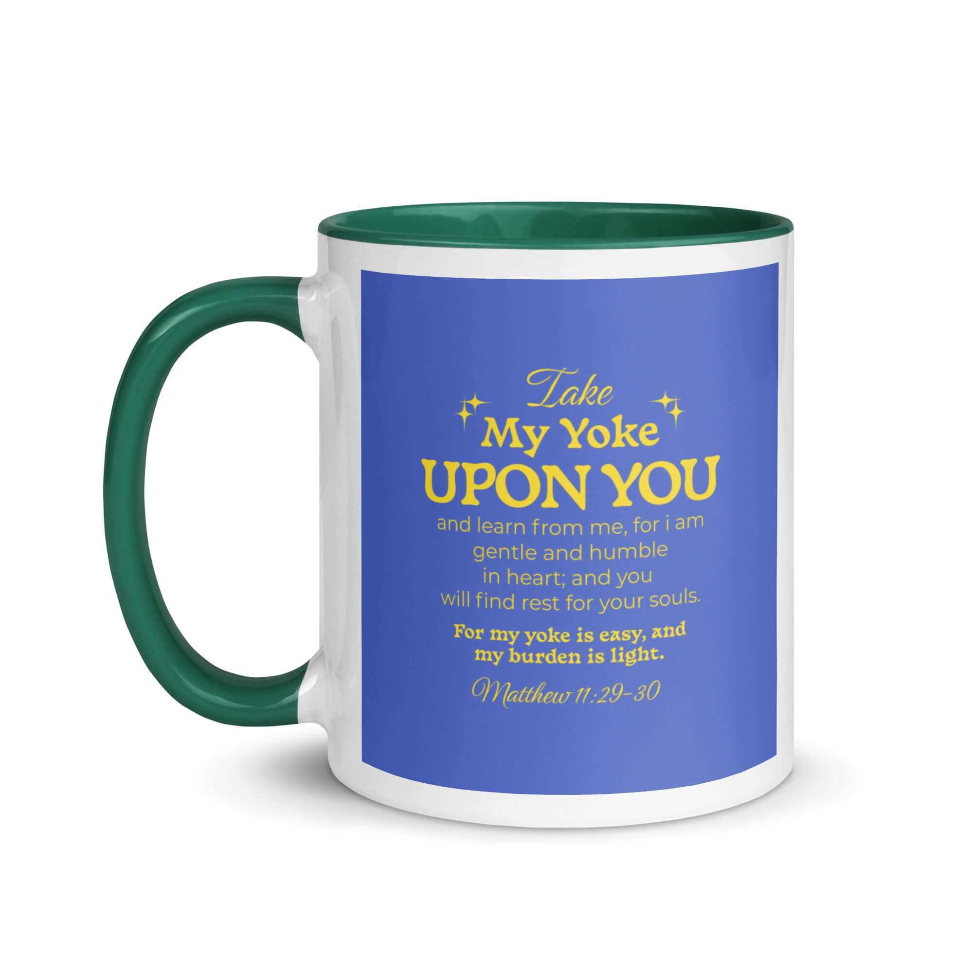 Matthew 11:29-30 Bible Verse, Take my yoke White Ceramic Mug with Color Inside