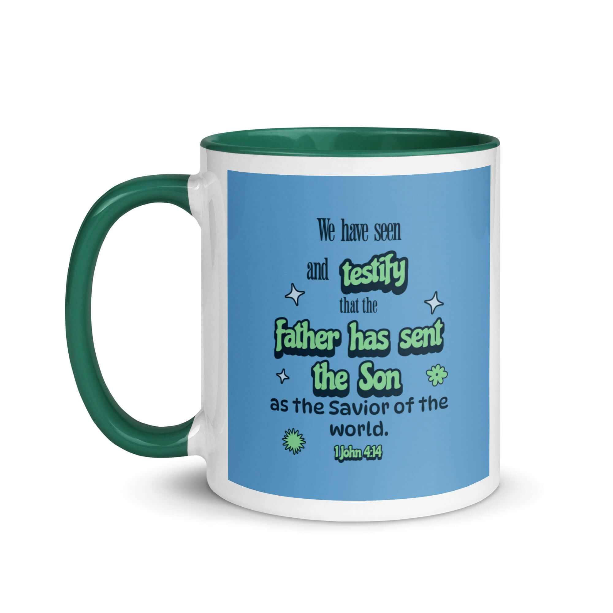 1 John 4:14 Bible Verse, sent the Son White Ceramic Mug with Color Inside